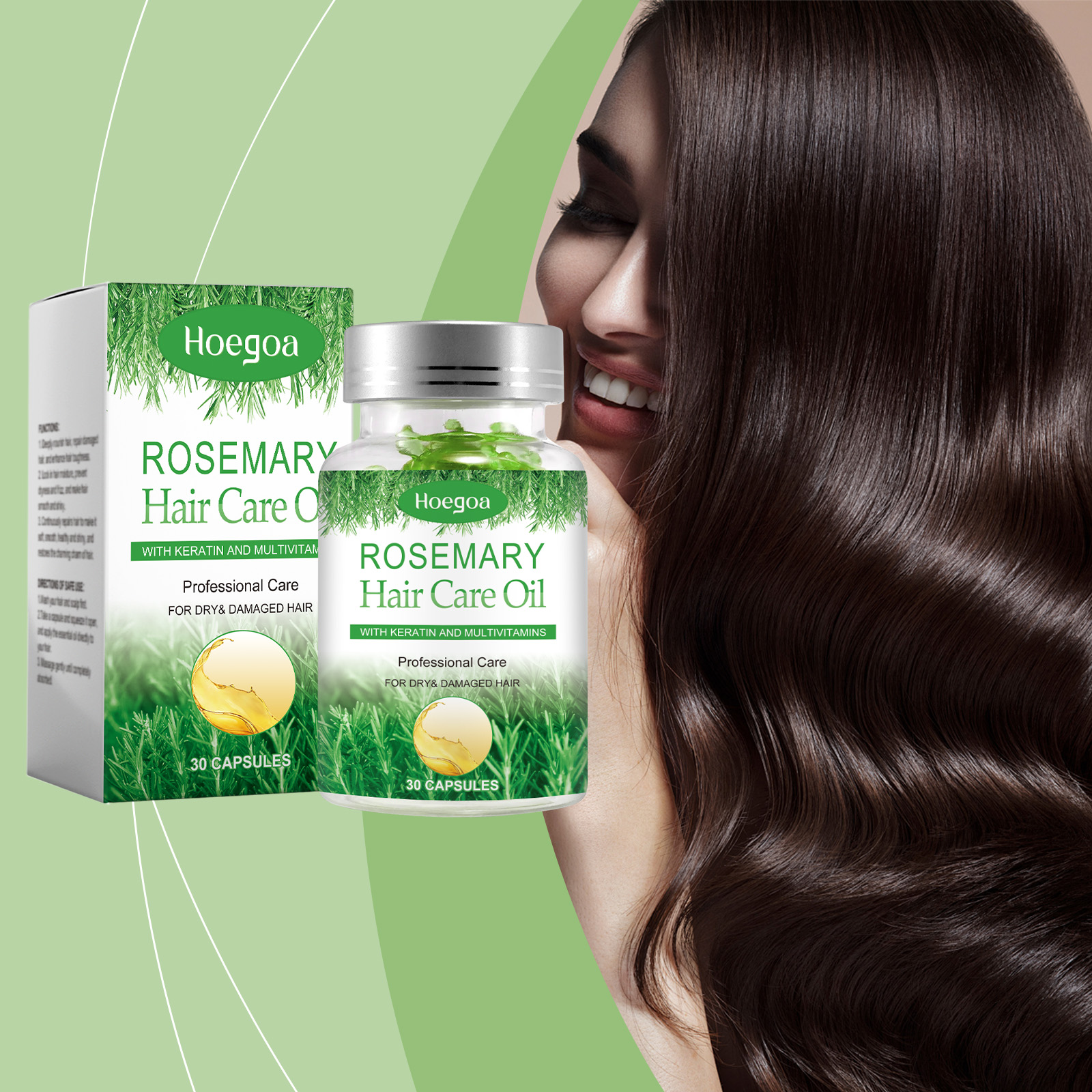 Woman with smooth dark hair beside rosemary capsules