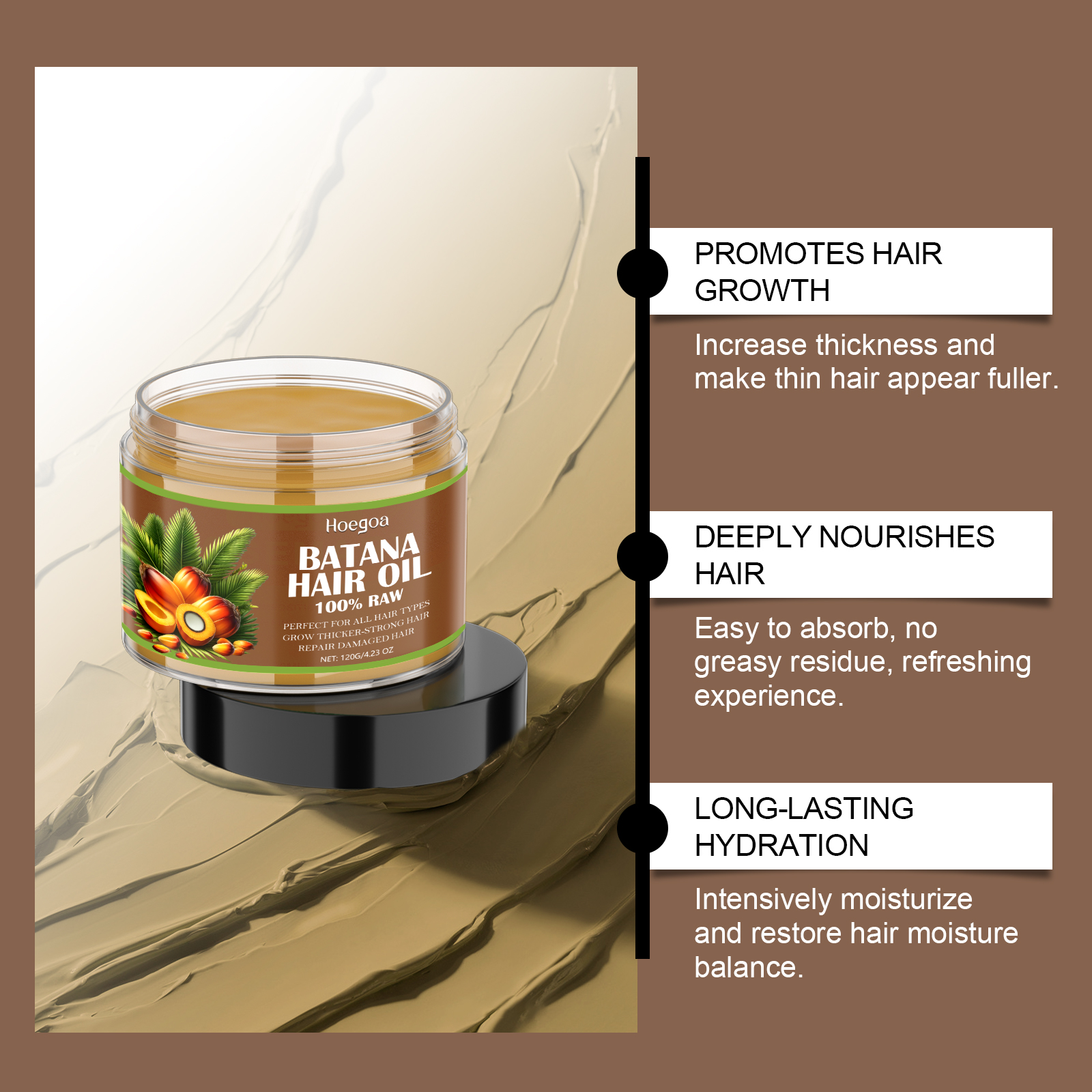Batana oil jar with hydration and absorption benefit callouts