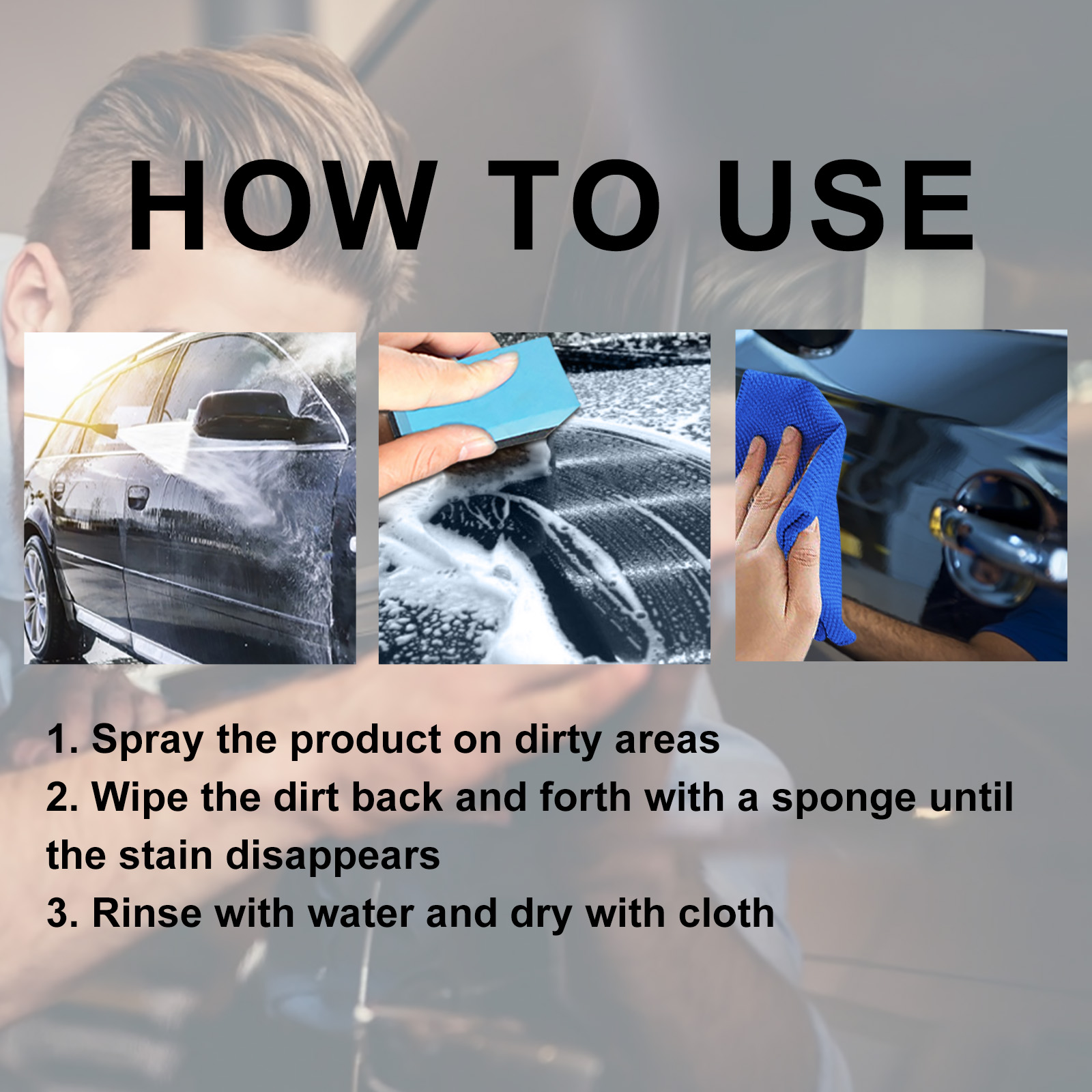 Compact car wash bottle with included blue cleaning towel
