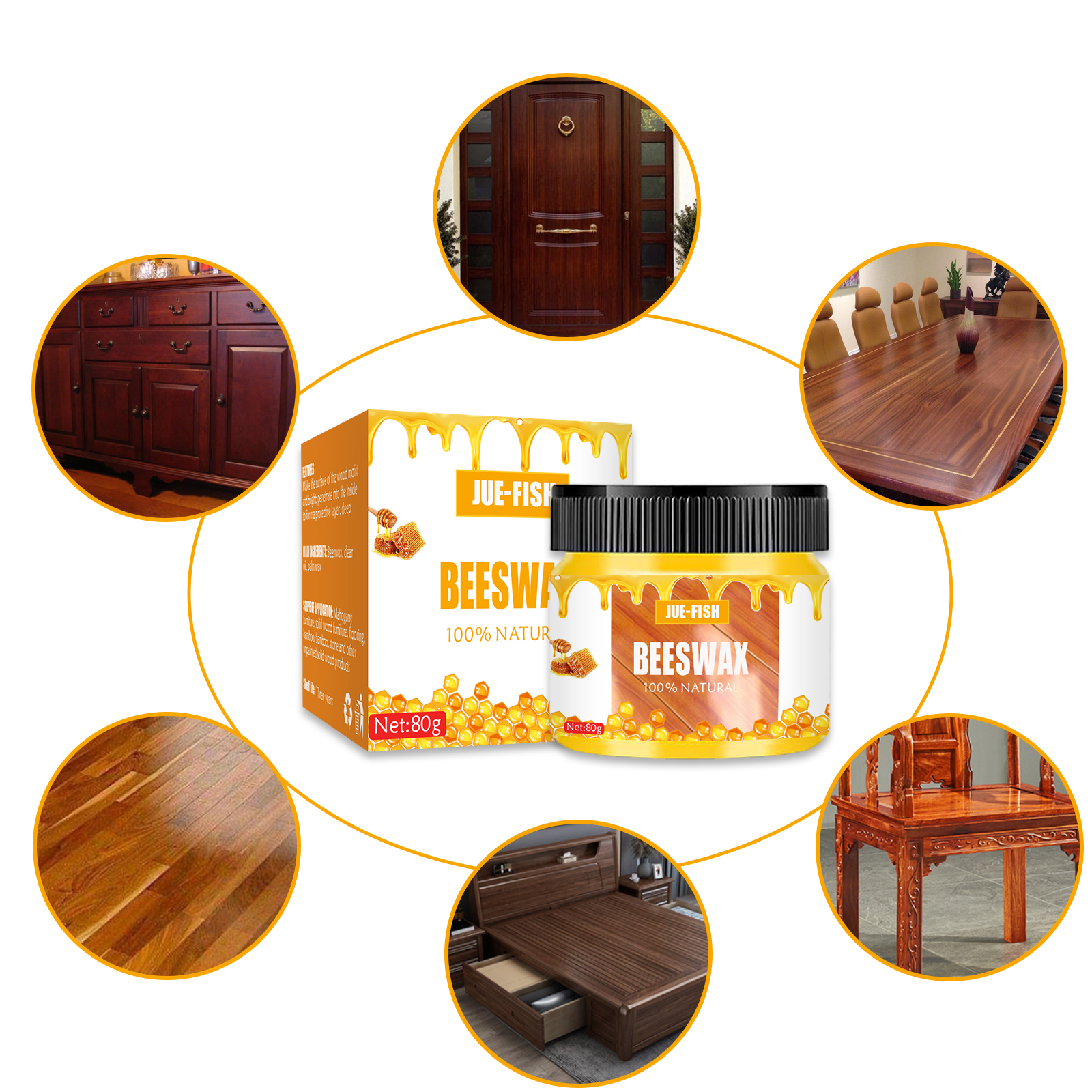 Beeswax care product shown with cabinets doors tables and floors