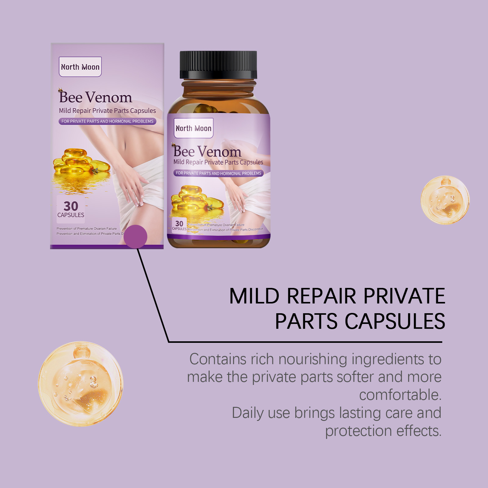 Lavender label and golden capsule intimate care packaging