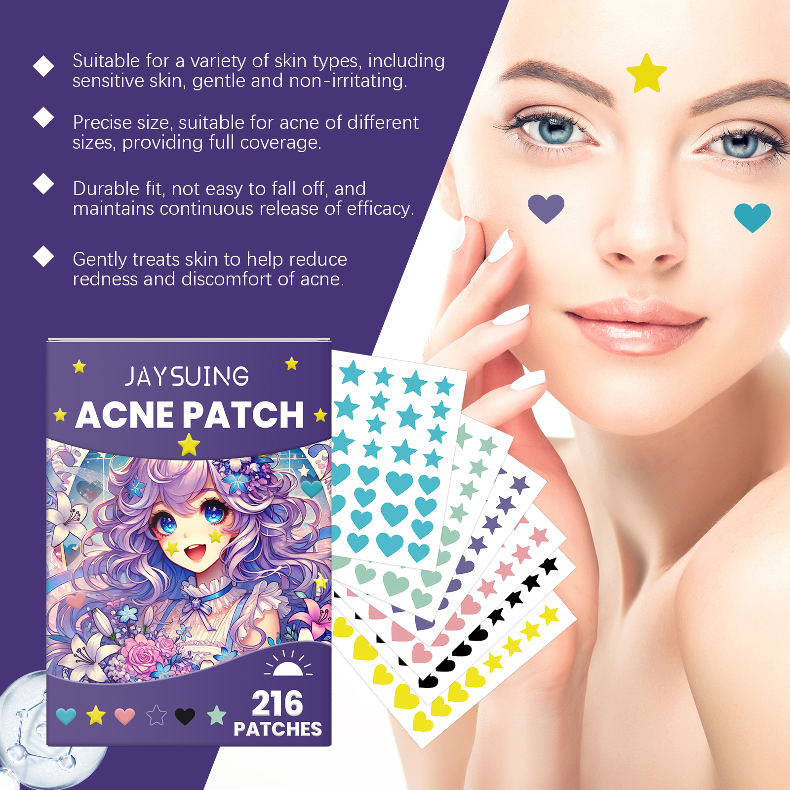 Acne patch package with tea leaf oil and fit details