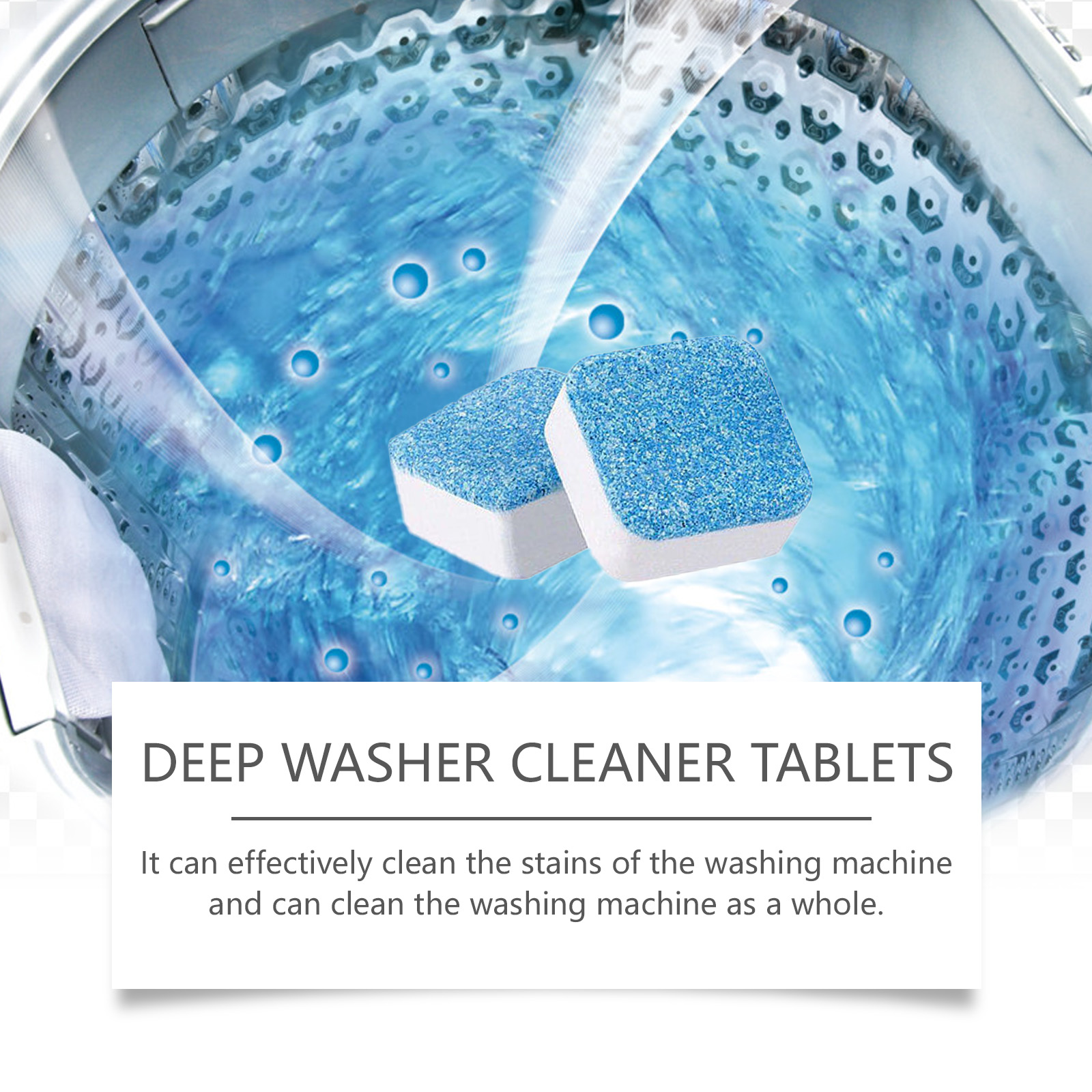 Blue cleaning tablets over a bubbling washer drum