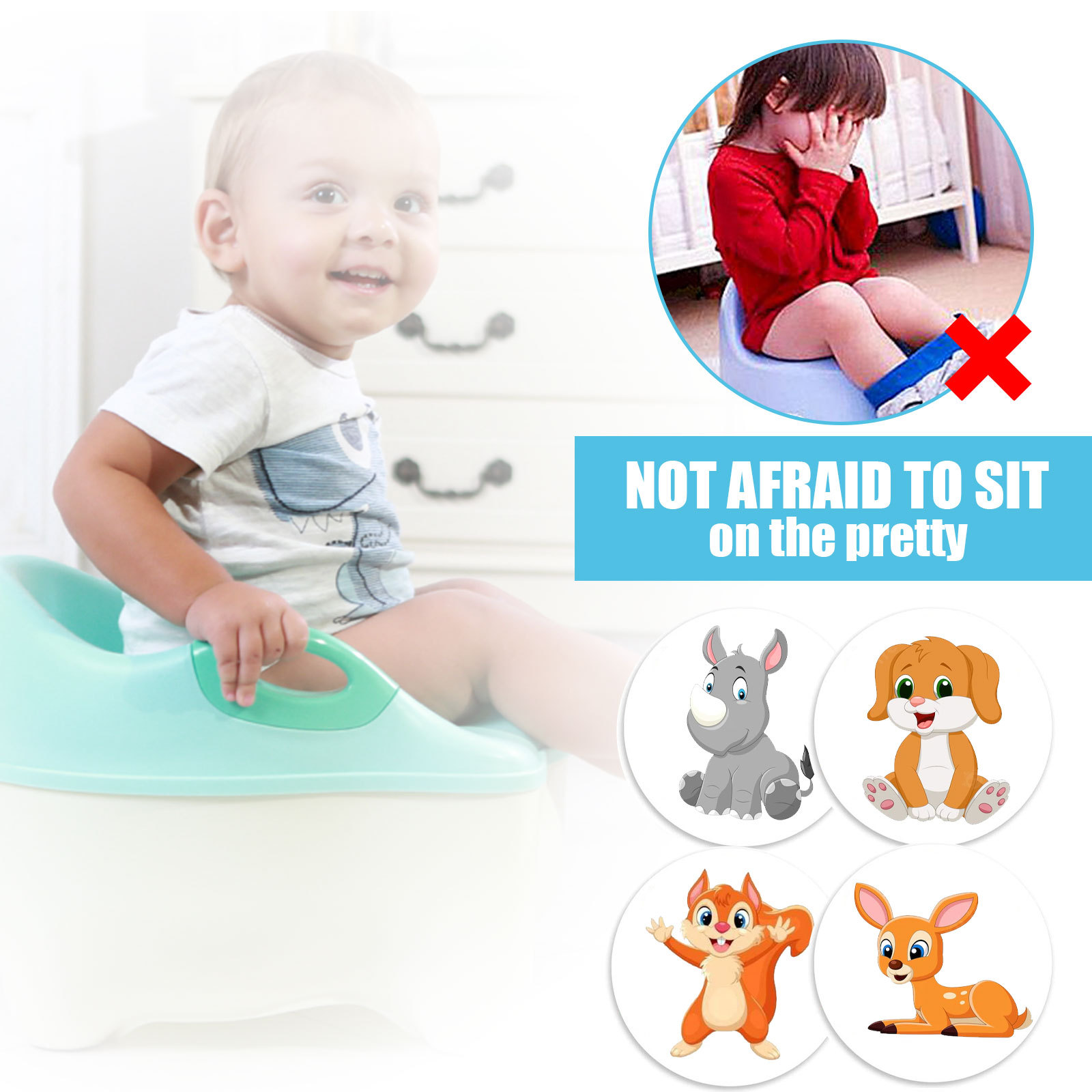 Happy toddler sitting confidently on toilet, sticker reward system in action