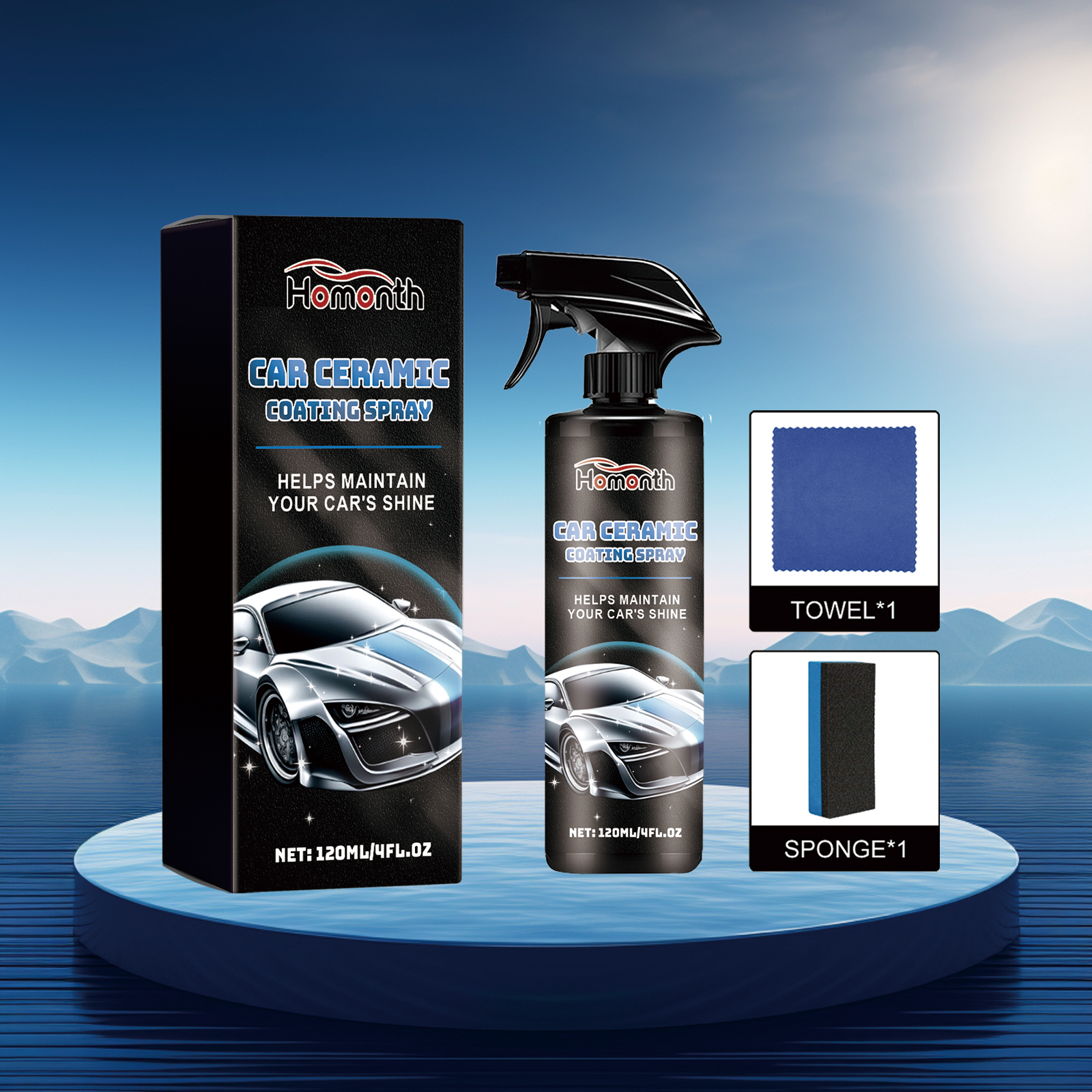 Automotive coating kit presented beside a scenic car setting