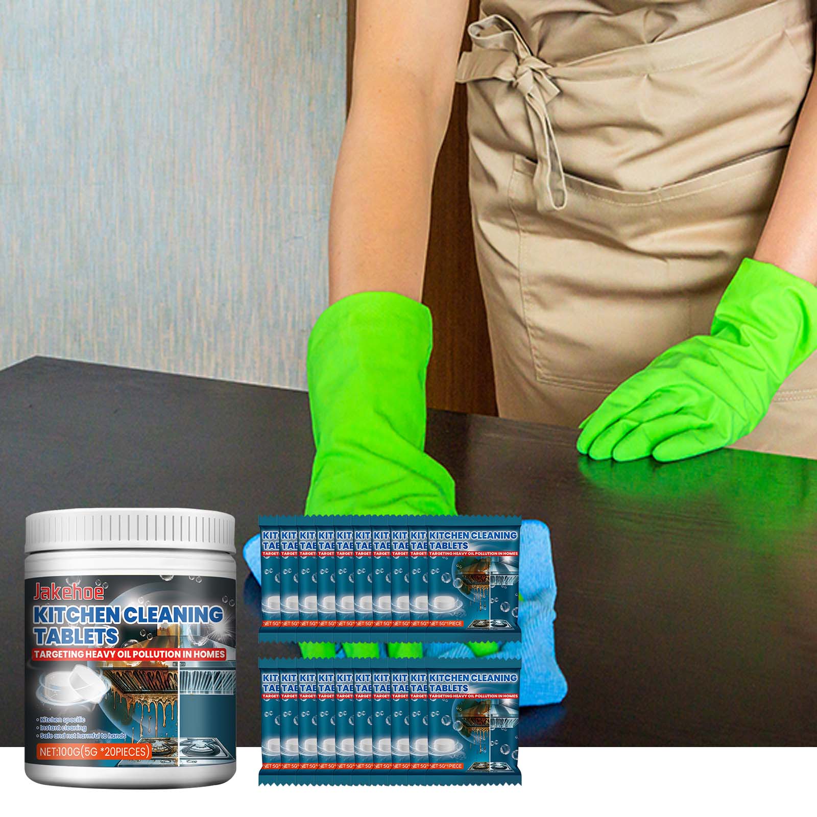 Cleaning tablets arranged beside jar for quantity context