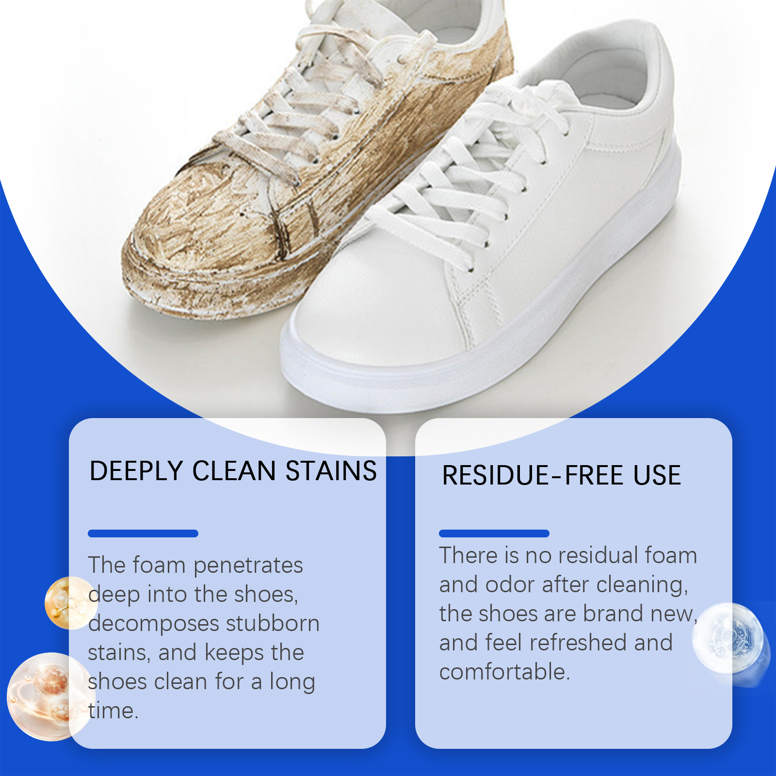 White sneakers shown before and after foam cleaning