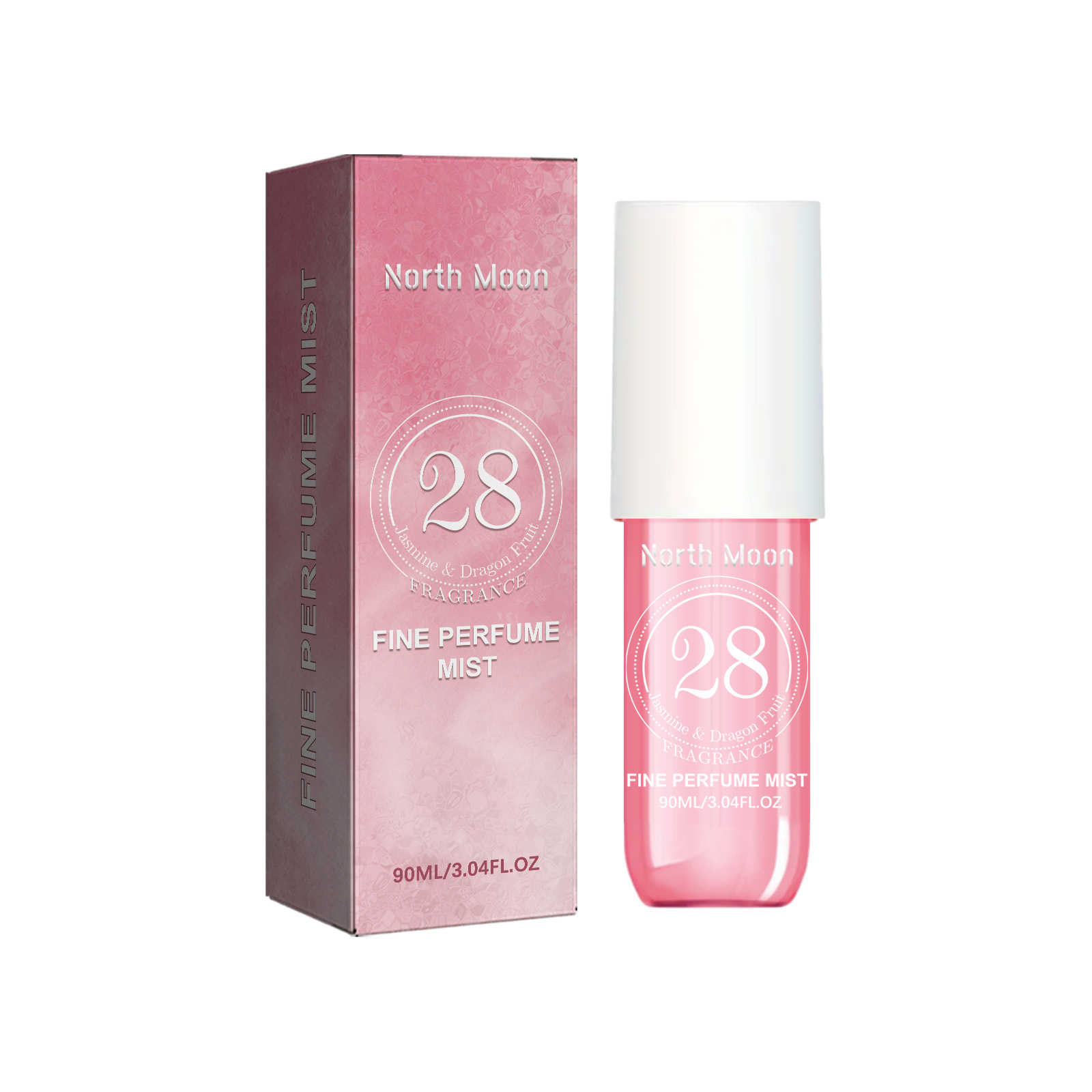 Pink perfume mist bottle with matching printed retail box