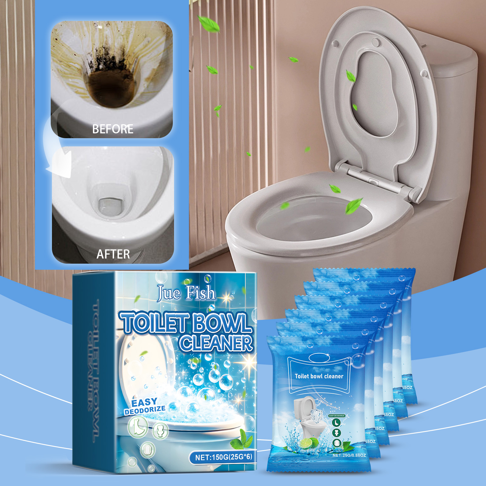 Before and after stained toilet bowl