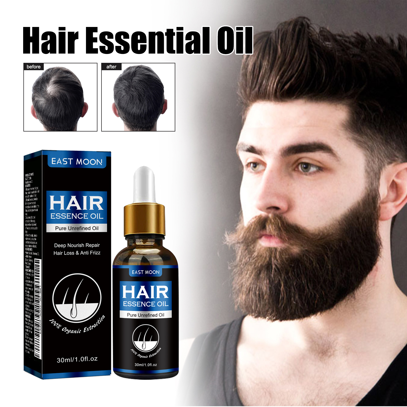 Man checking fuller-looking hair beside hair essence oil