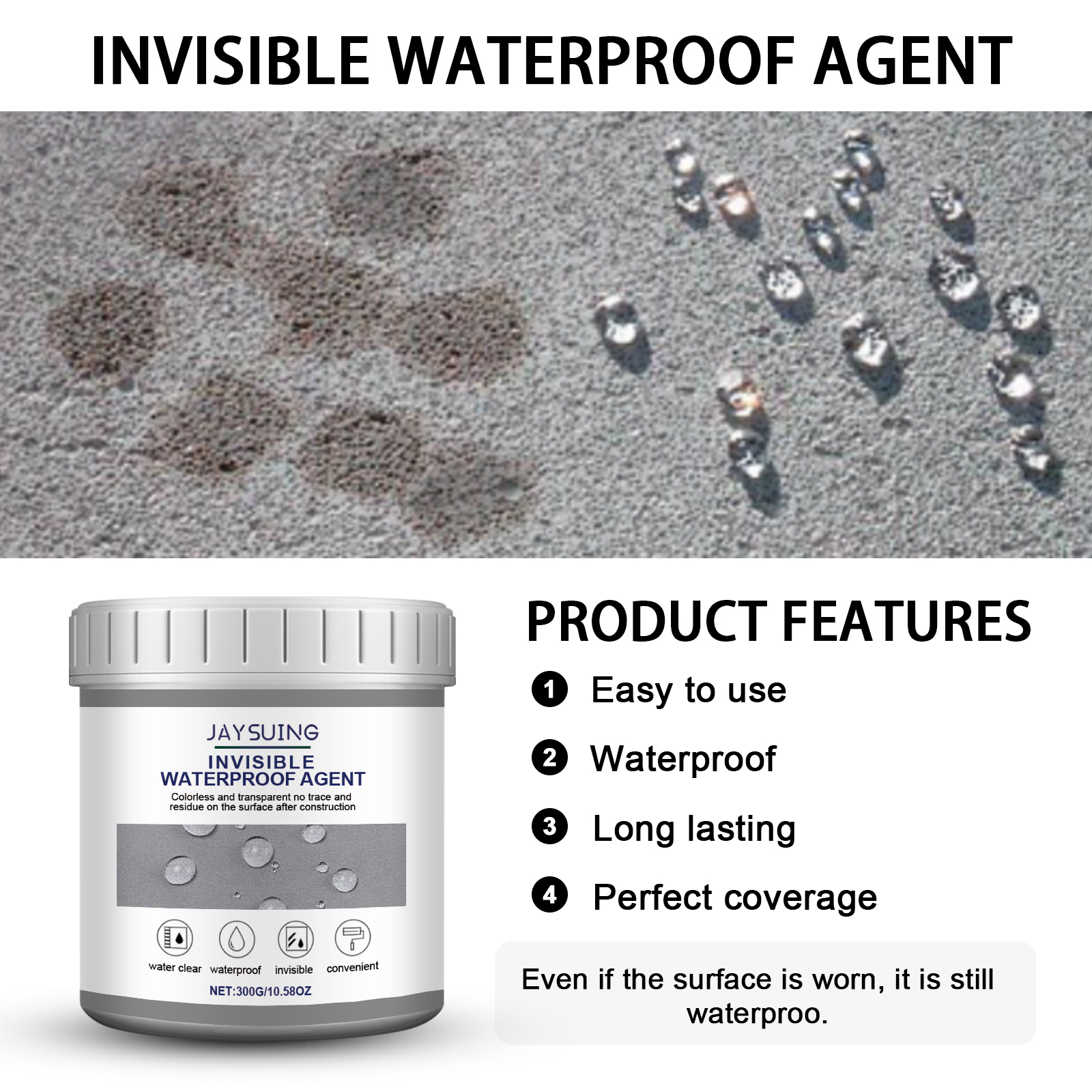 Water beads forming on treated waterproof surface