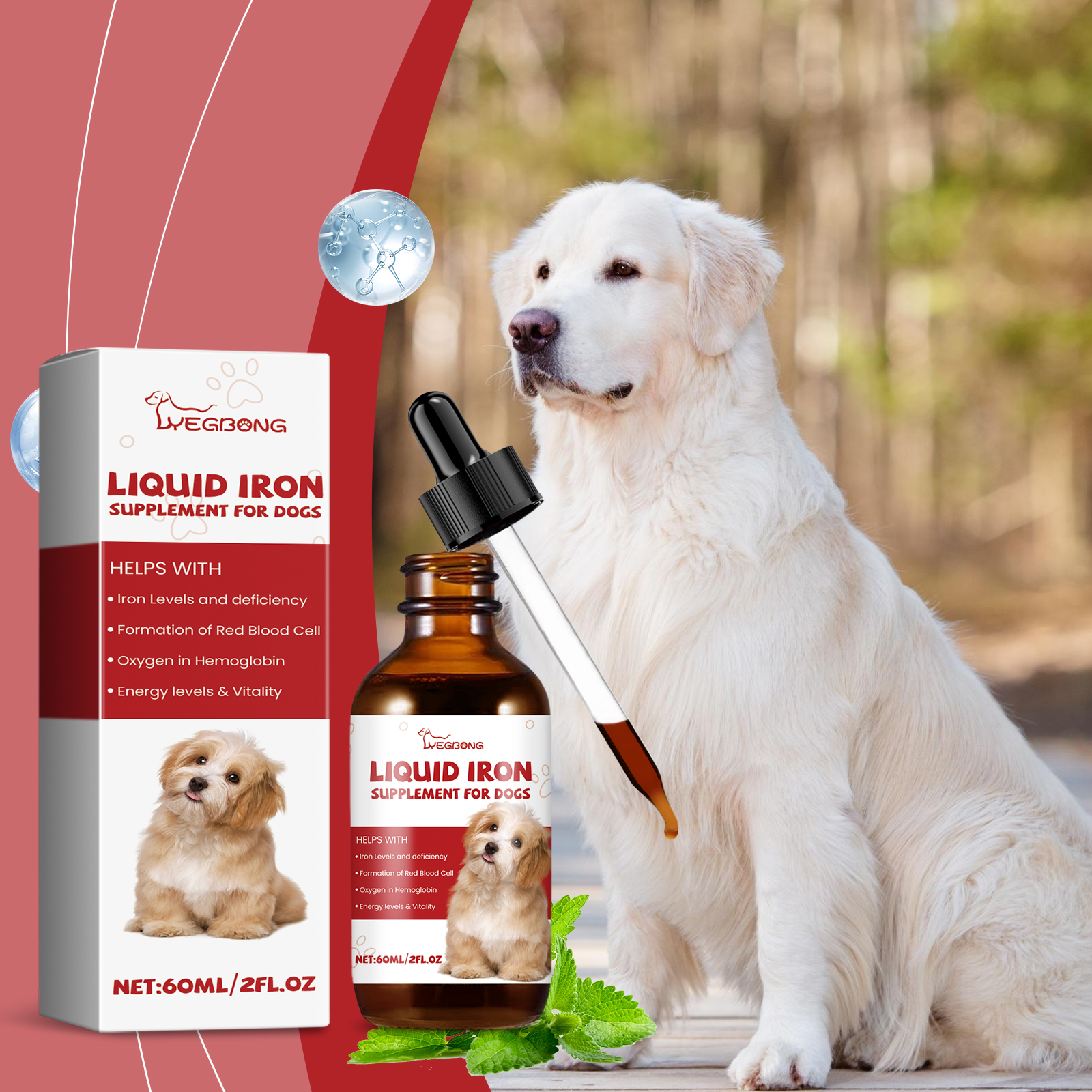 Liquid iron bottle and carton in a dog wellness setting