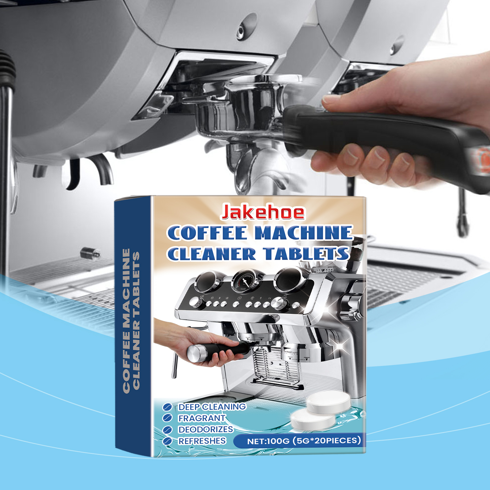 Coffee machine portafilter above cleaner tablet box