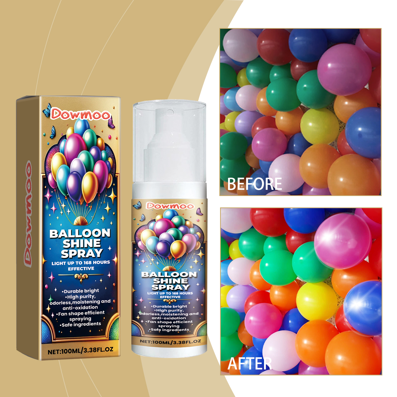 Balloon gloss spray beside brighter treated balloons