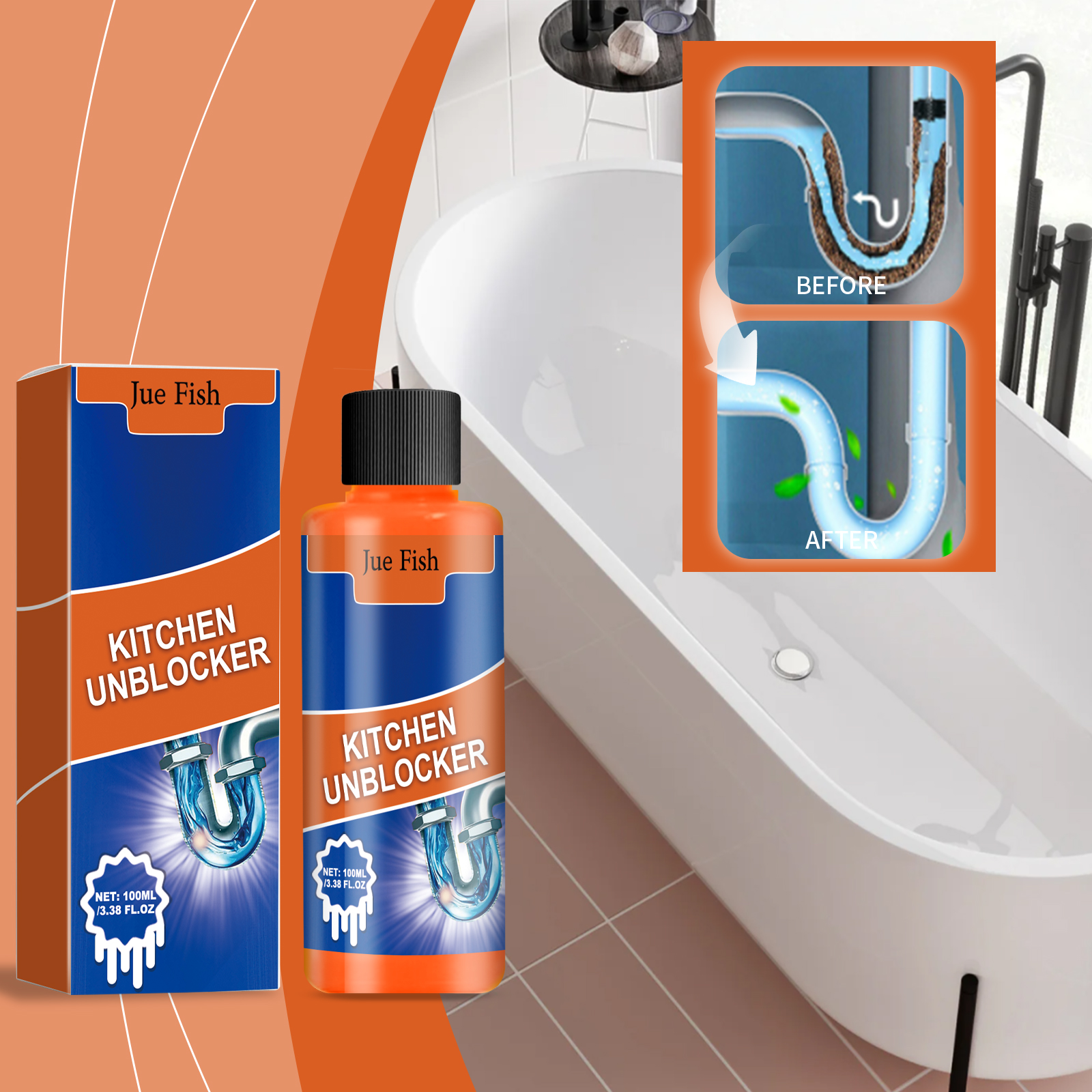 Drain cleaner shown beside bathtub and pipe applications