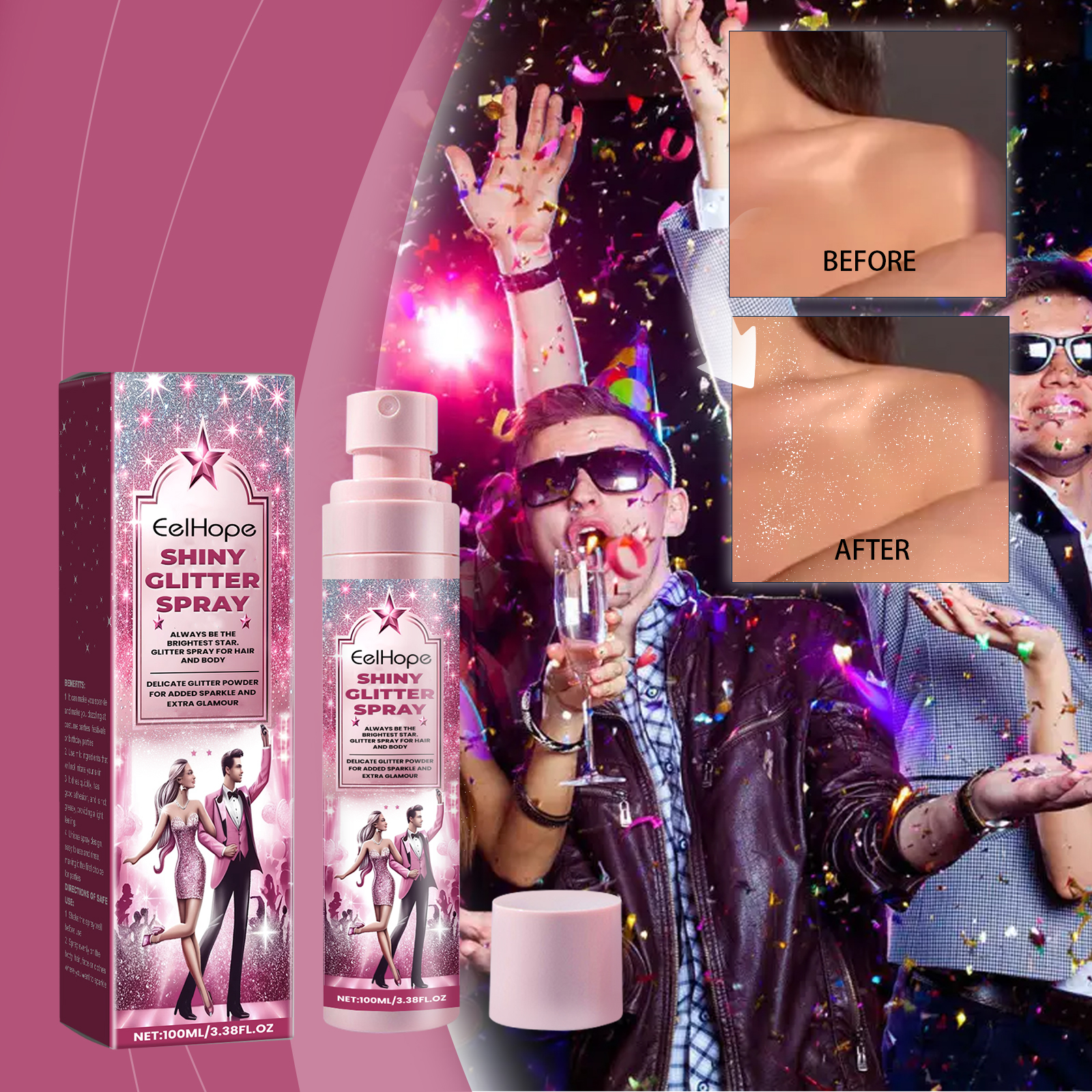 Before and after skin showing reflective glitter finish