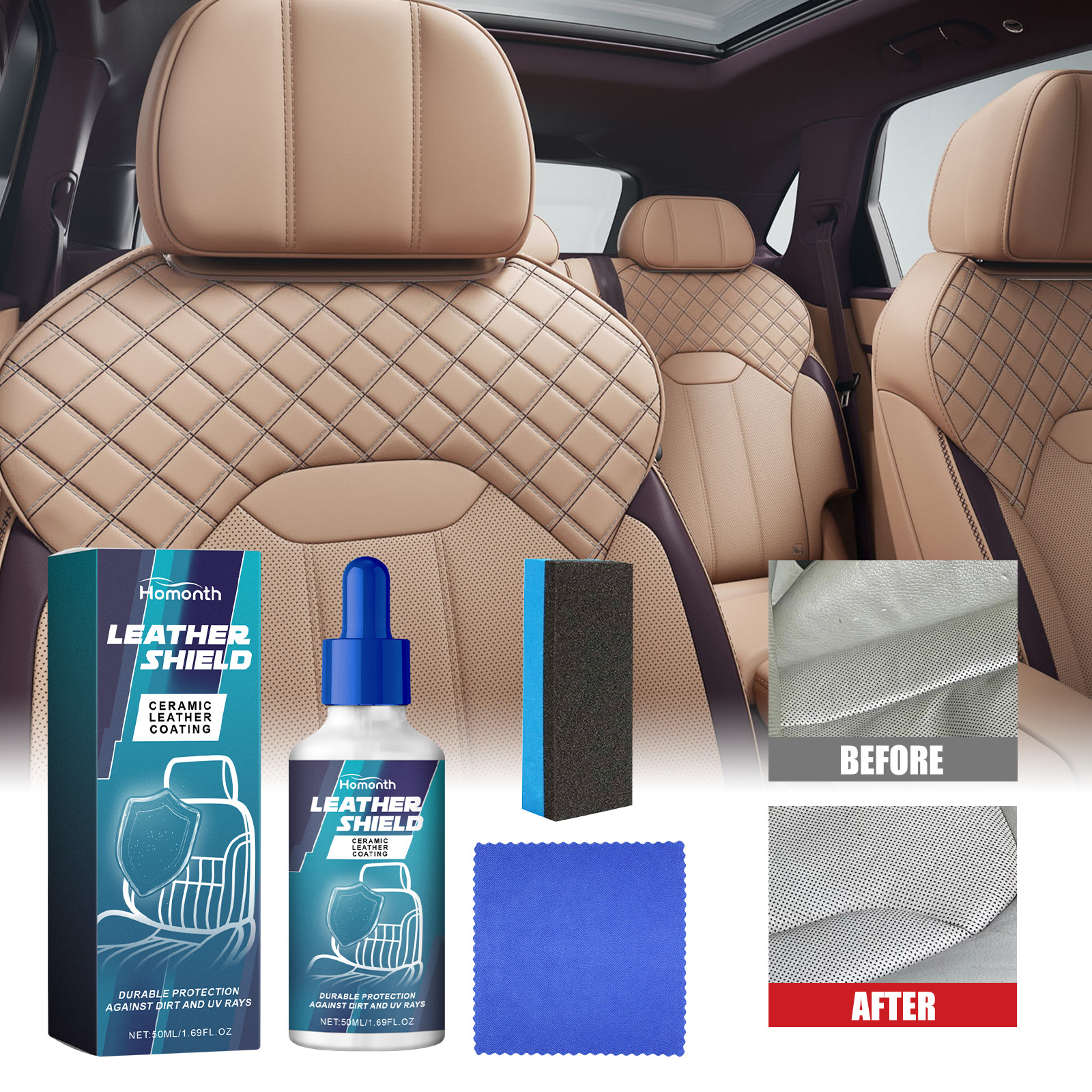 Before and after panels showing refreshed leather surface