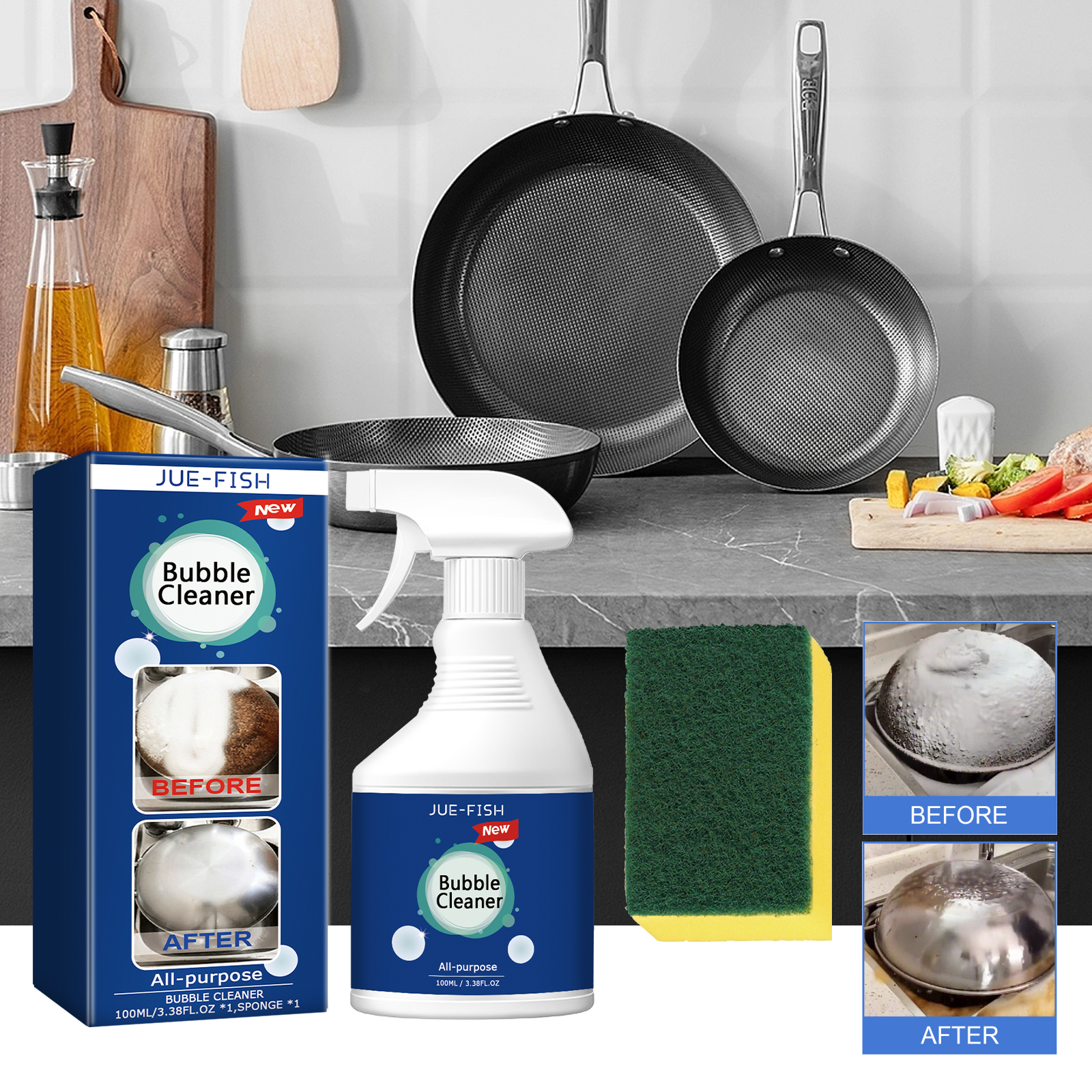 Cleaner and sponge beside greasy cookware
