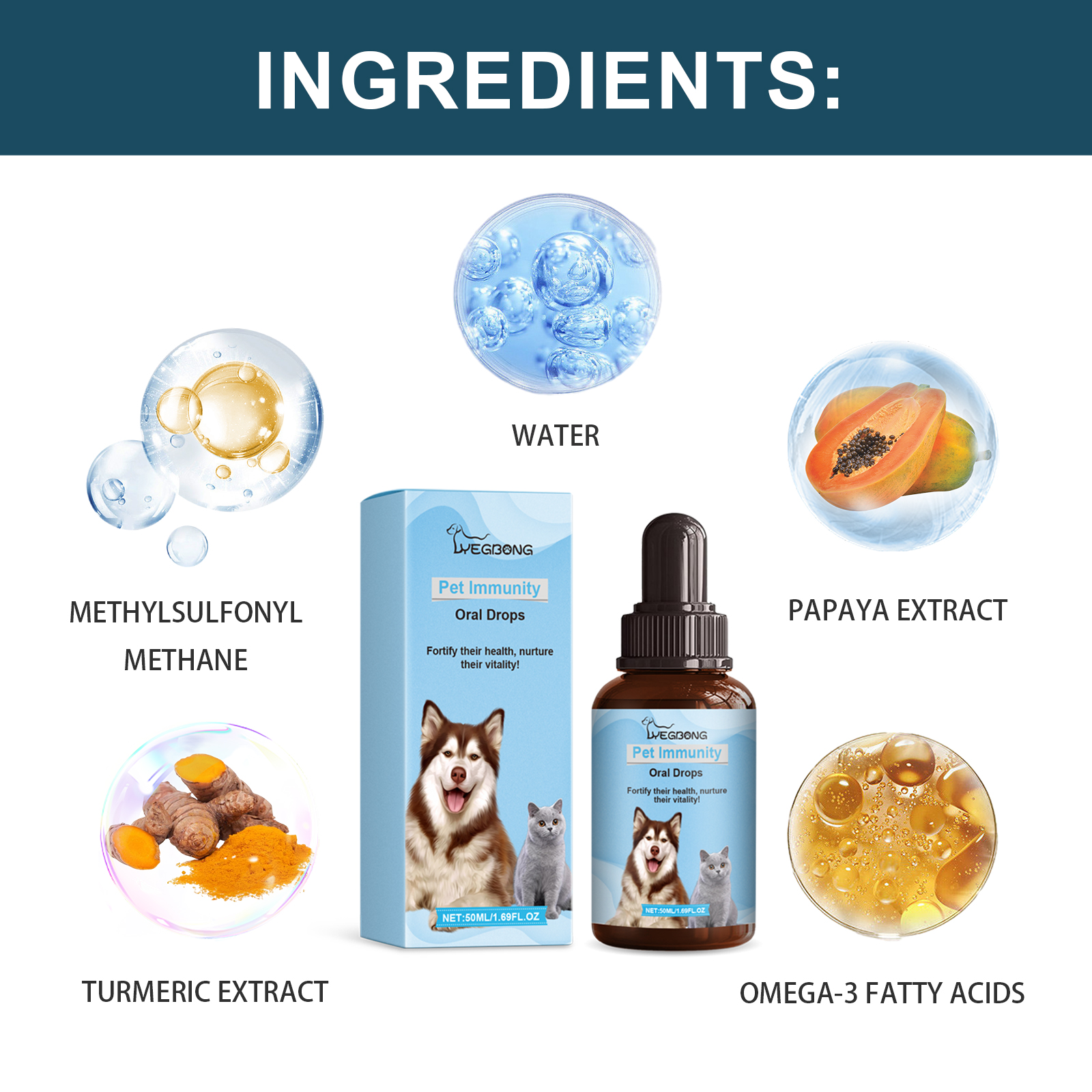Visible ingredient list for pet oral drops