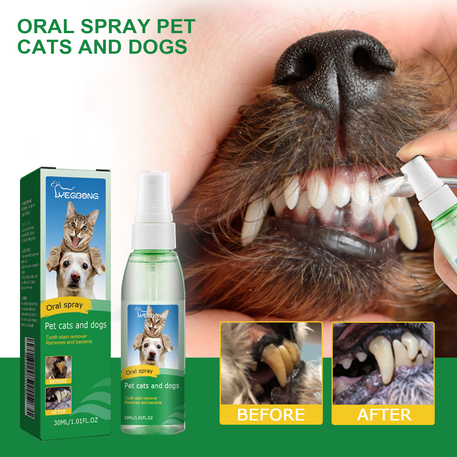 Pet oral spray shown with cleaner-looking tooth imagery
