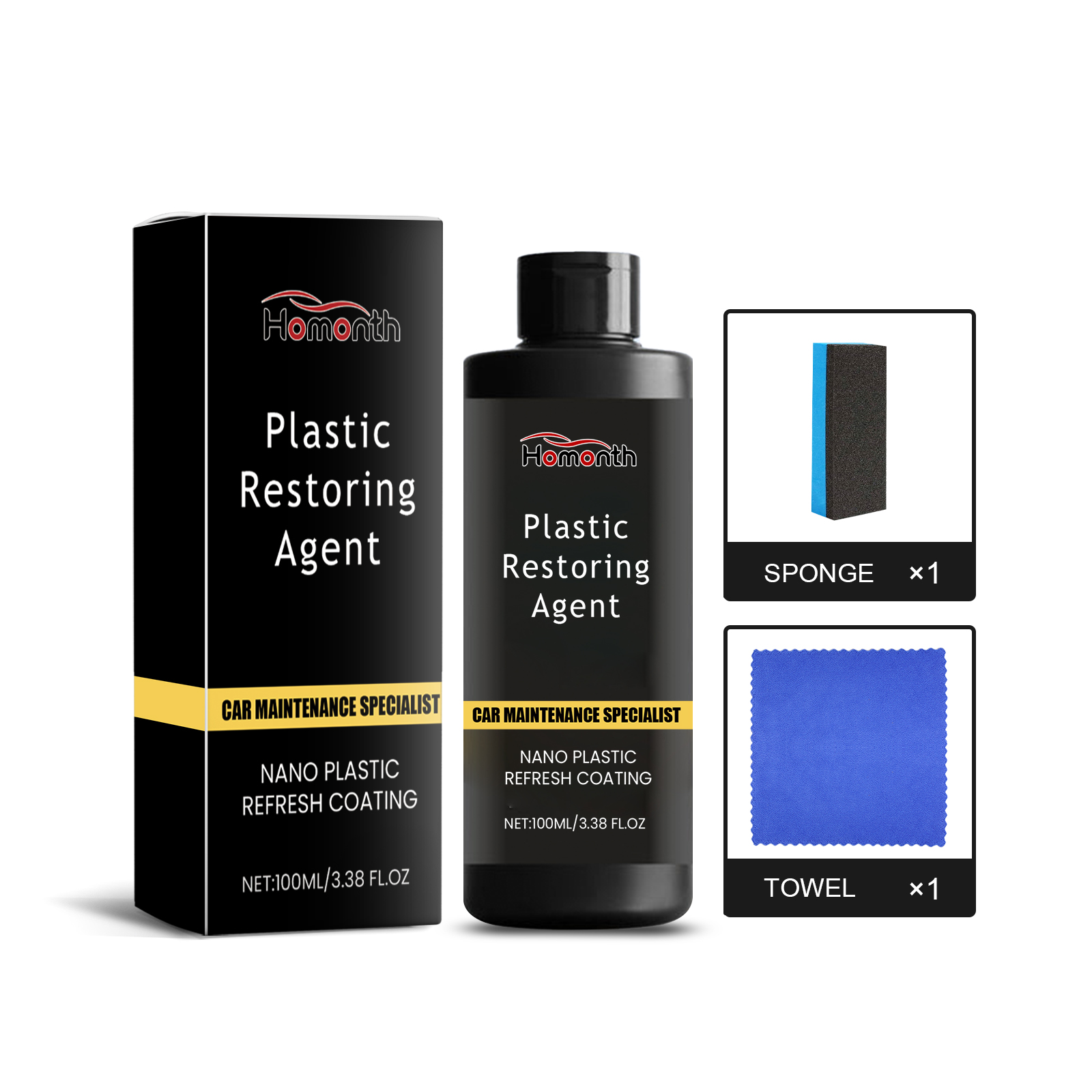 Plastic restorer kit with sponge towel and boxed bottle