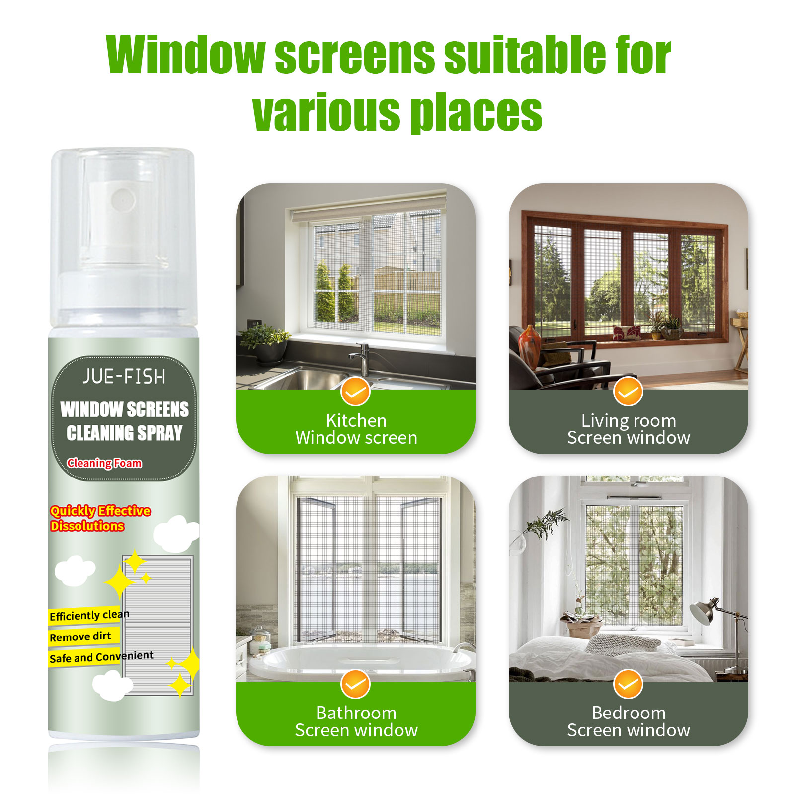 Window cleaning spray bottle beside a clean window screen, mirror and car glass