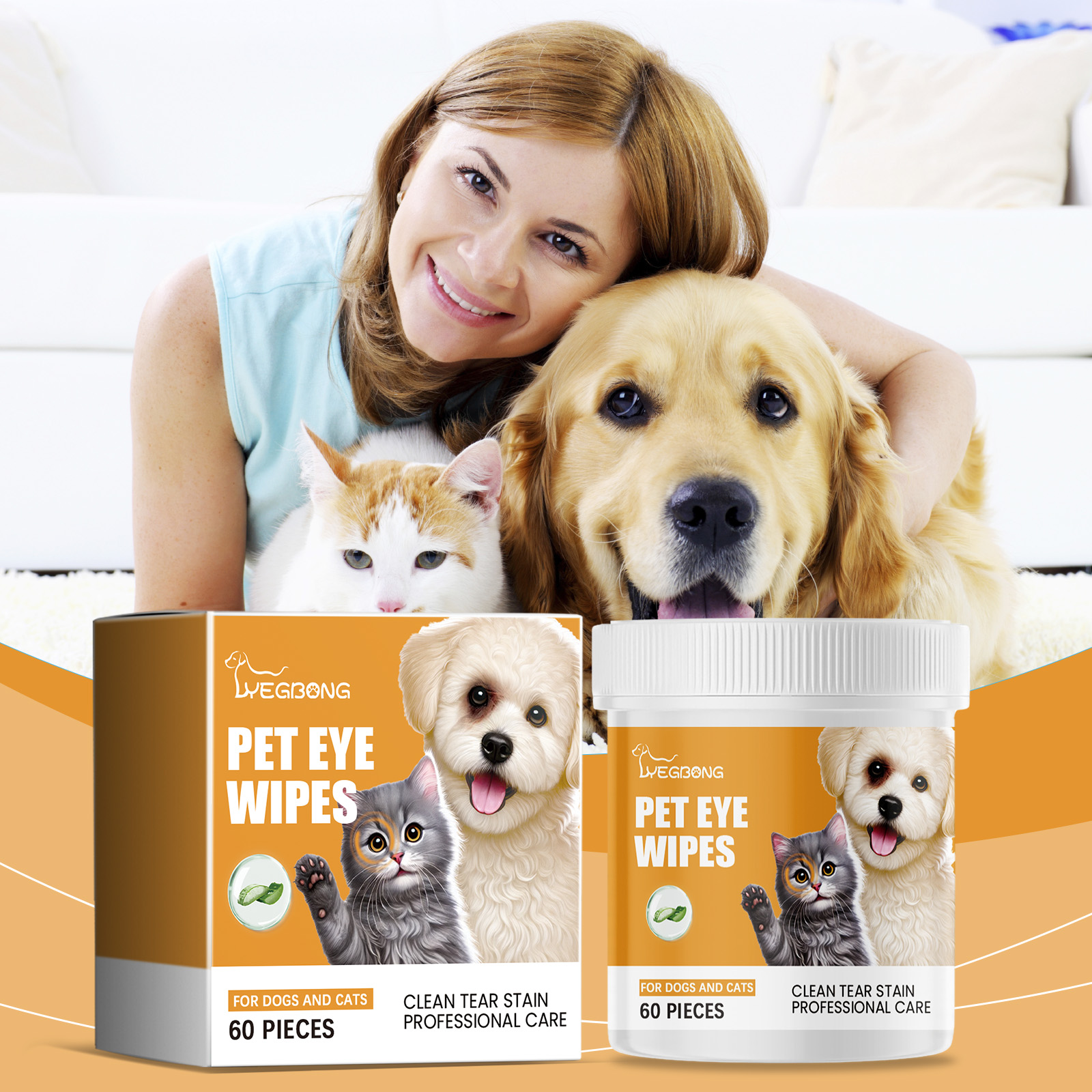 Cat and dog beside pet eye wipe packaging