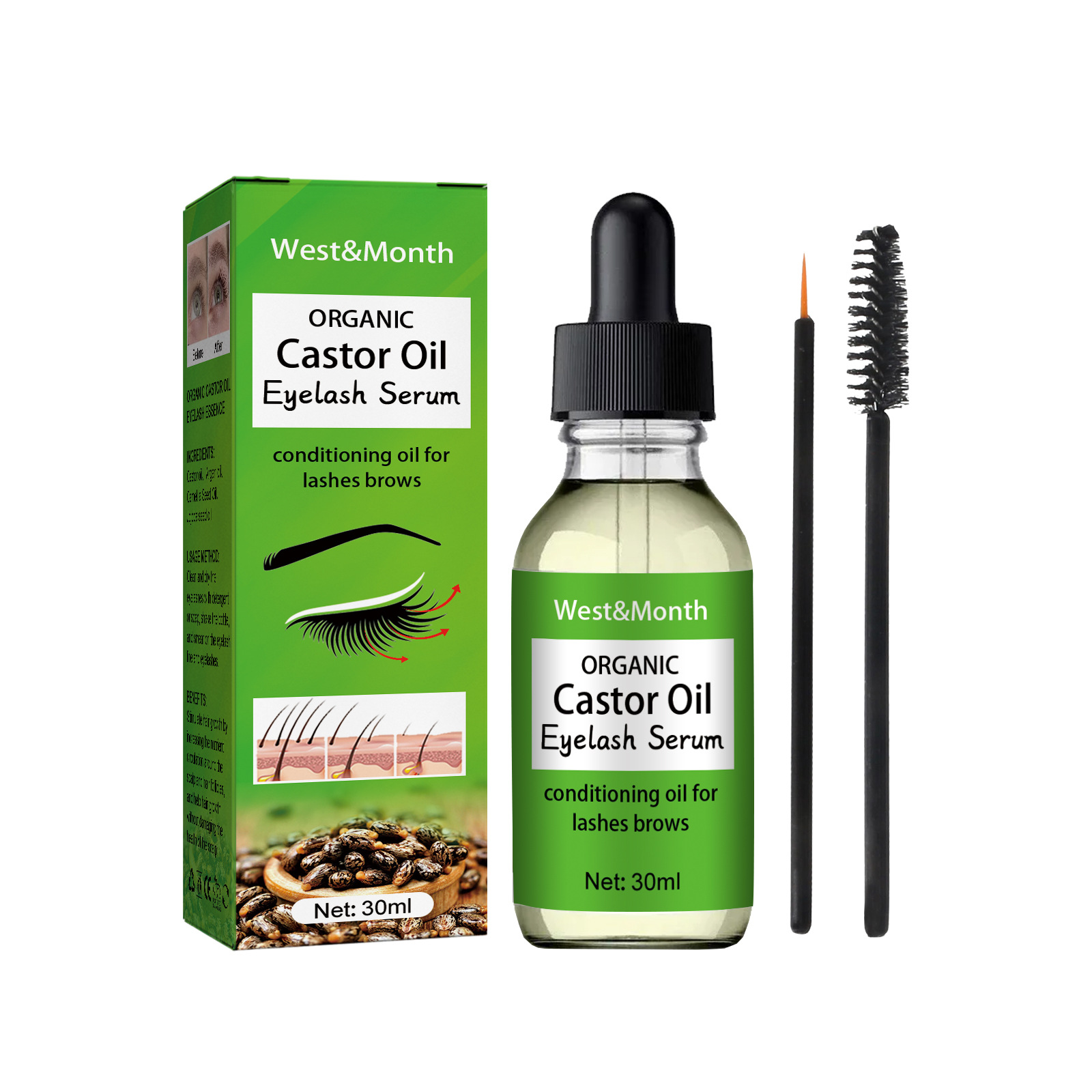 Glass lash serum bottle with spoolie and precision applicators