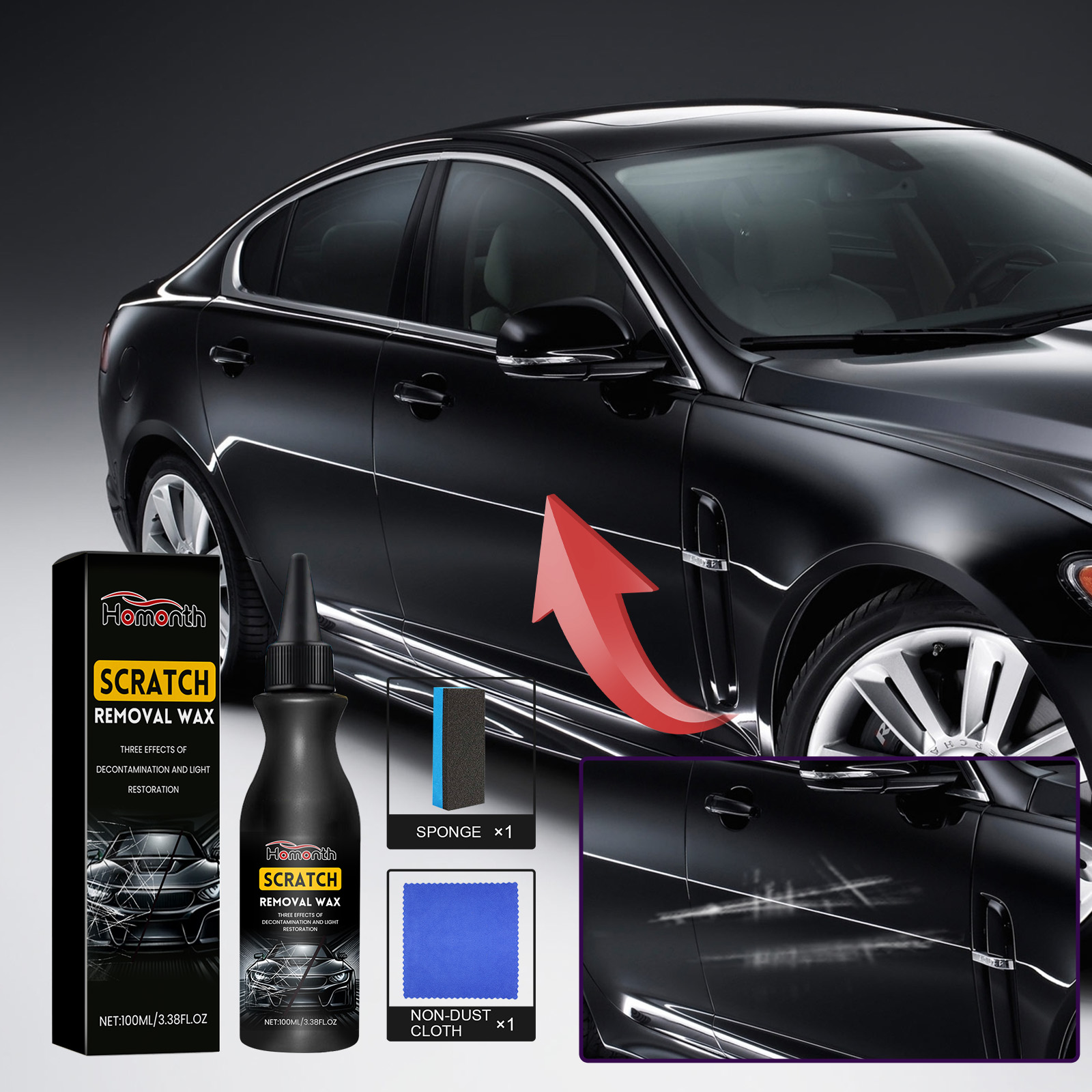Scratch removal wax kit beside scratched black sedan panel