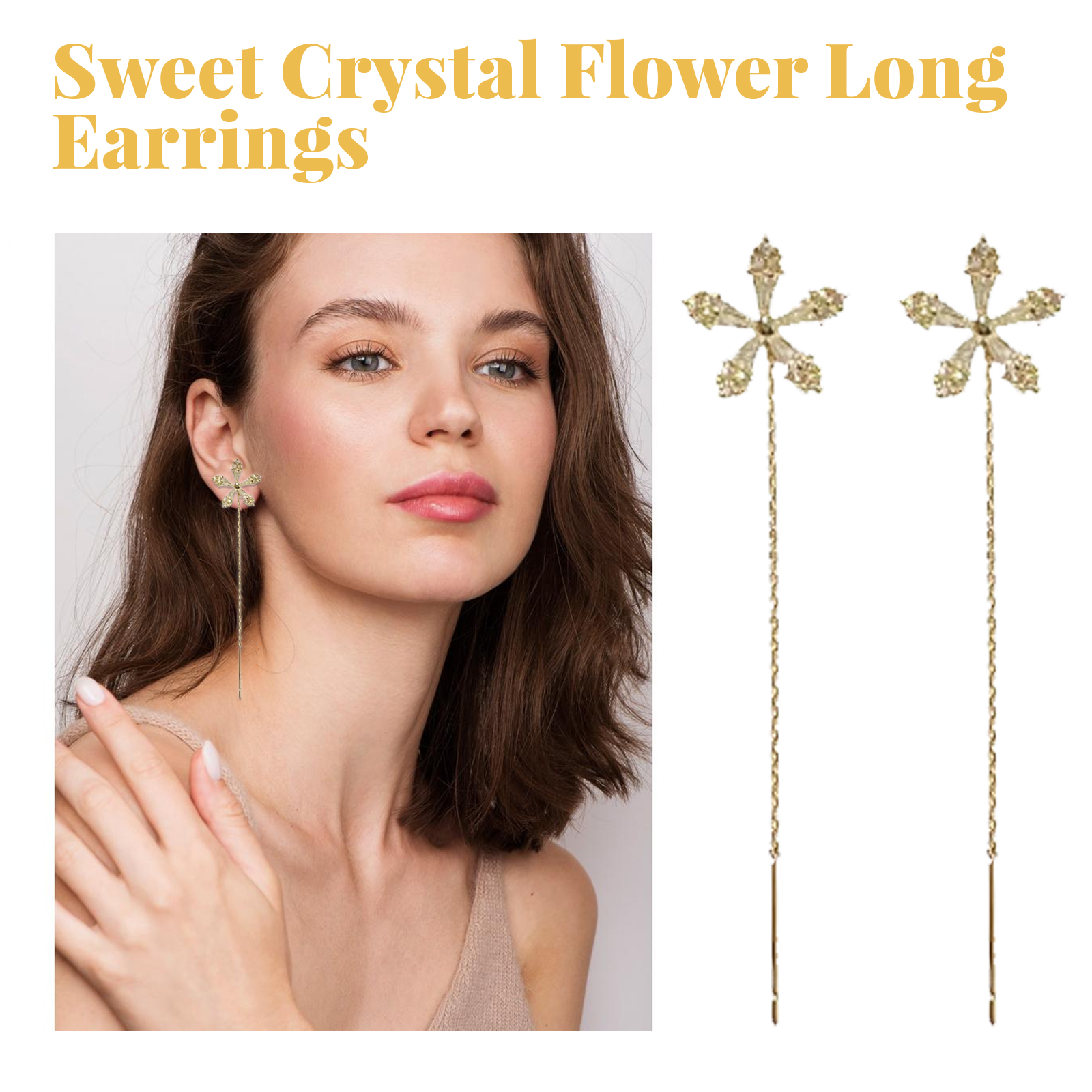 Flower-shaped crystal earrings with long chains