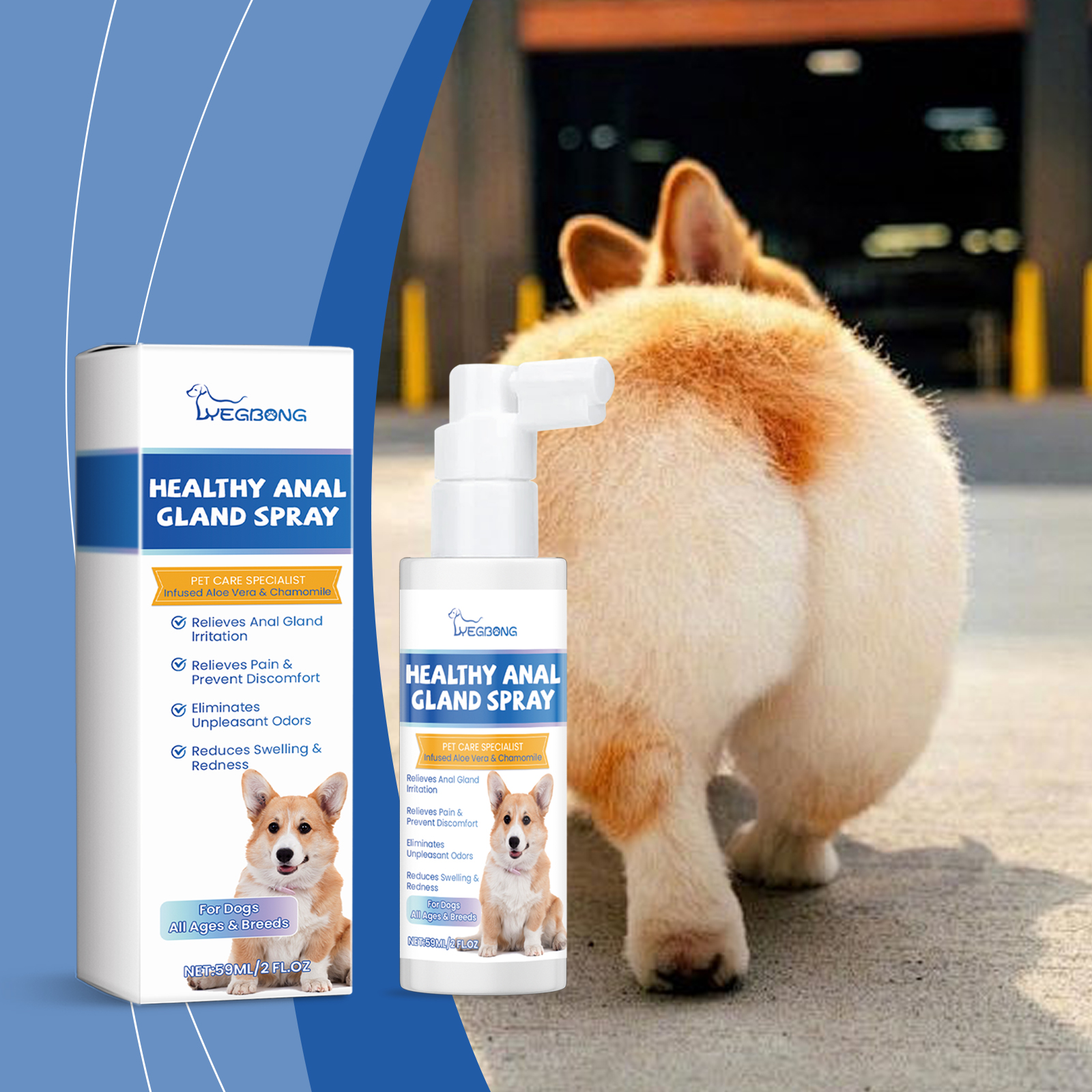 Corgi outdoors beside targeted pet hygiene spray