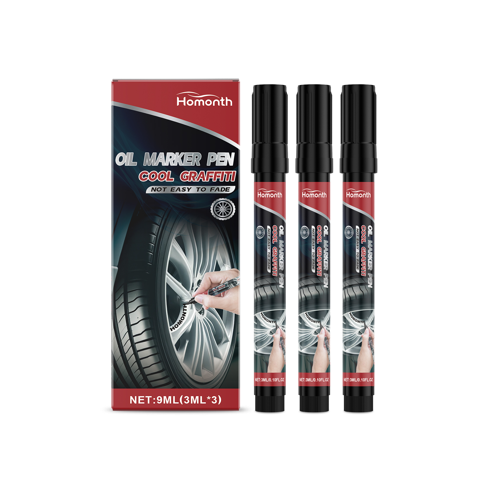 Three capped tire paint pens beside retail packaging
