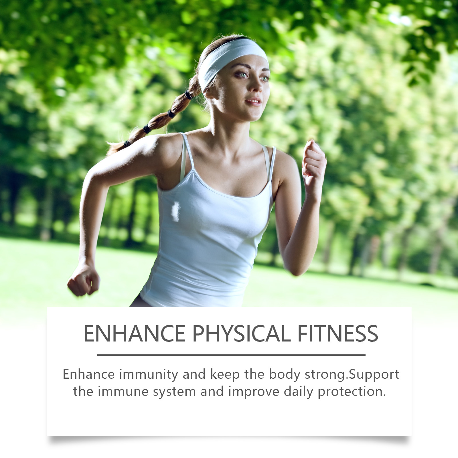 Athletic woman jogging outdoors in workout gear, green trees behind her, radiating energy