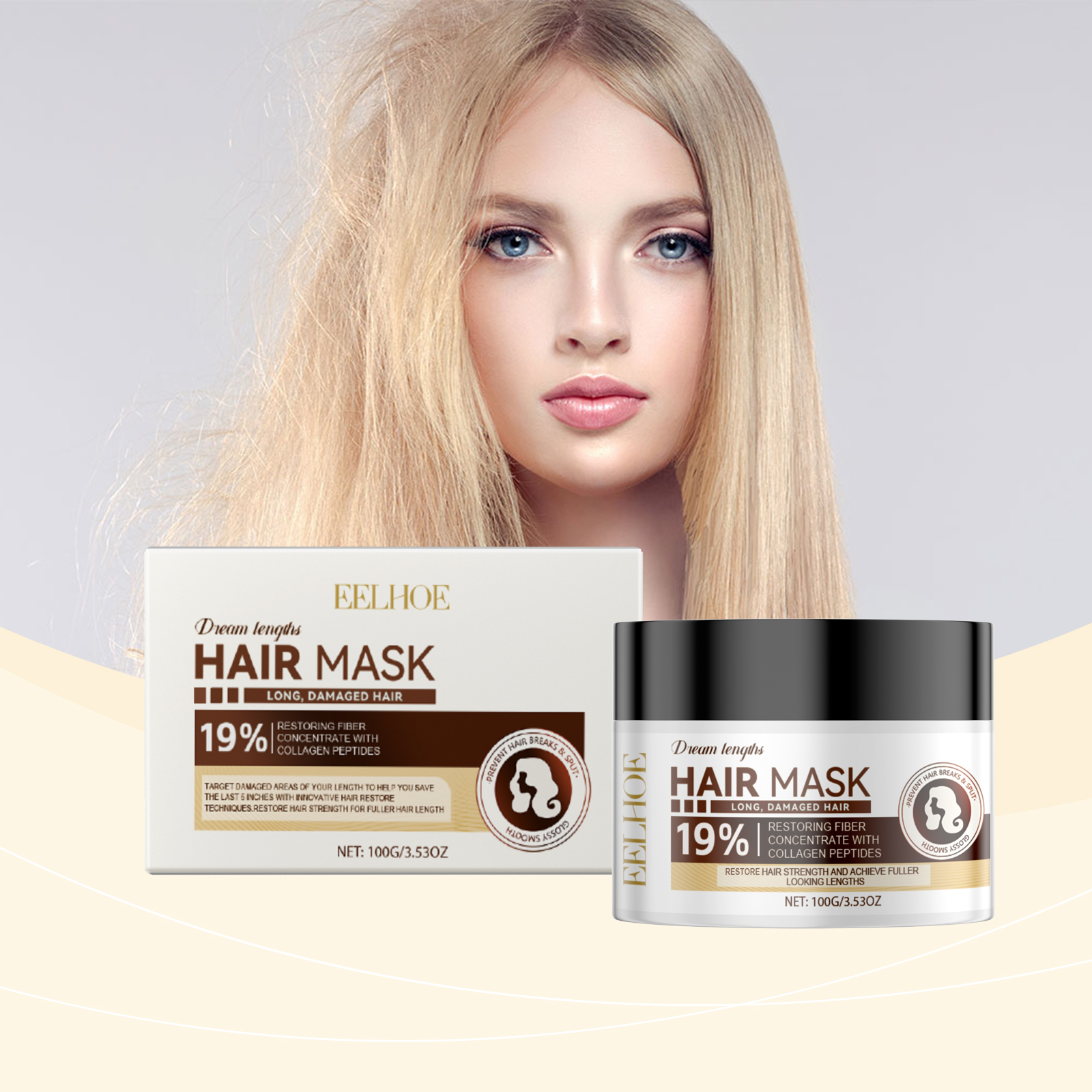 Long smooth hair beside leave-in mask packaging