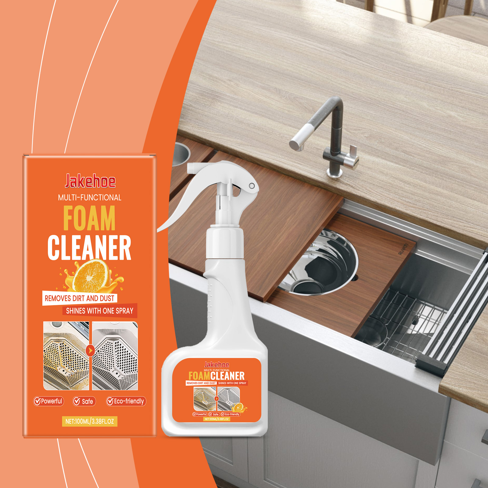 Foam cleaner bottle and carton beside kitchen sink