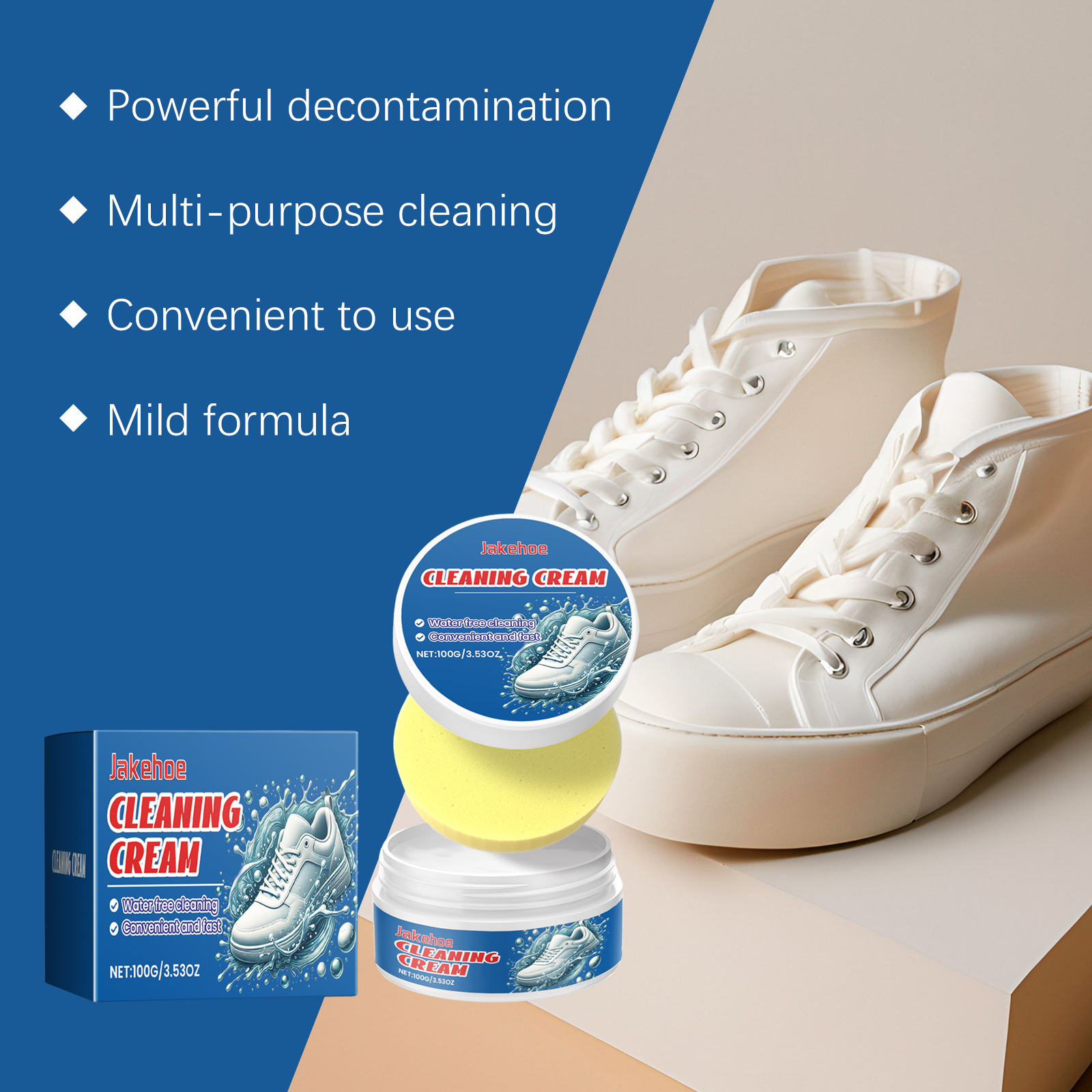 Shoe cream set showing mild formula material care claims