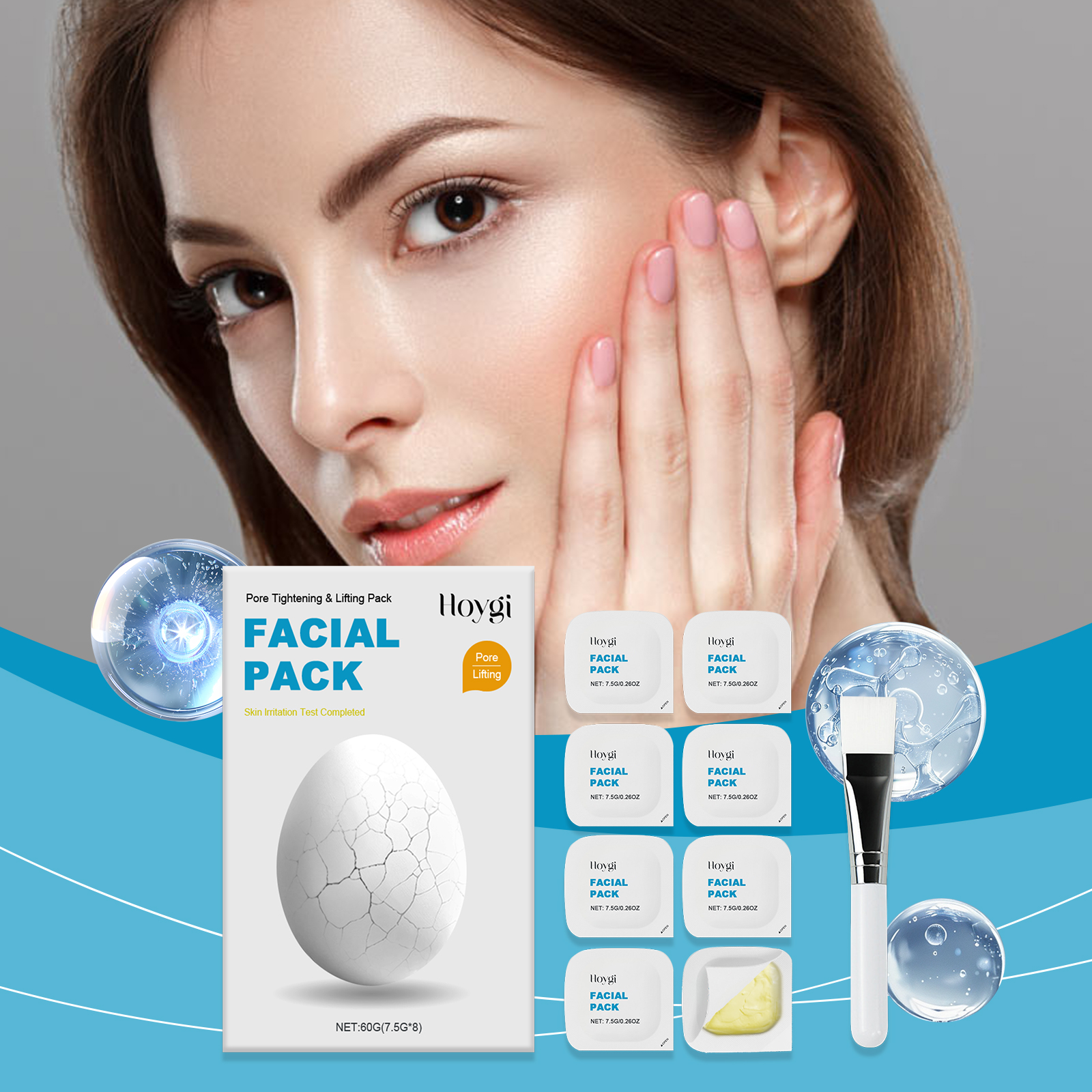 Woman touching refreshed-looking skin beside facial mask