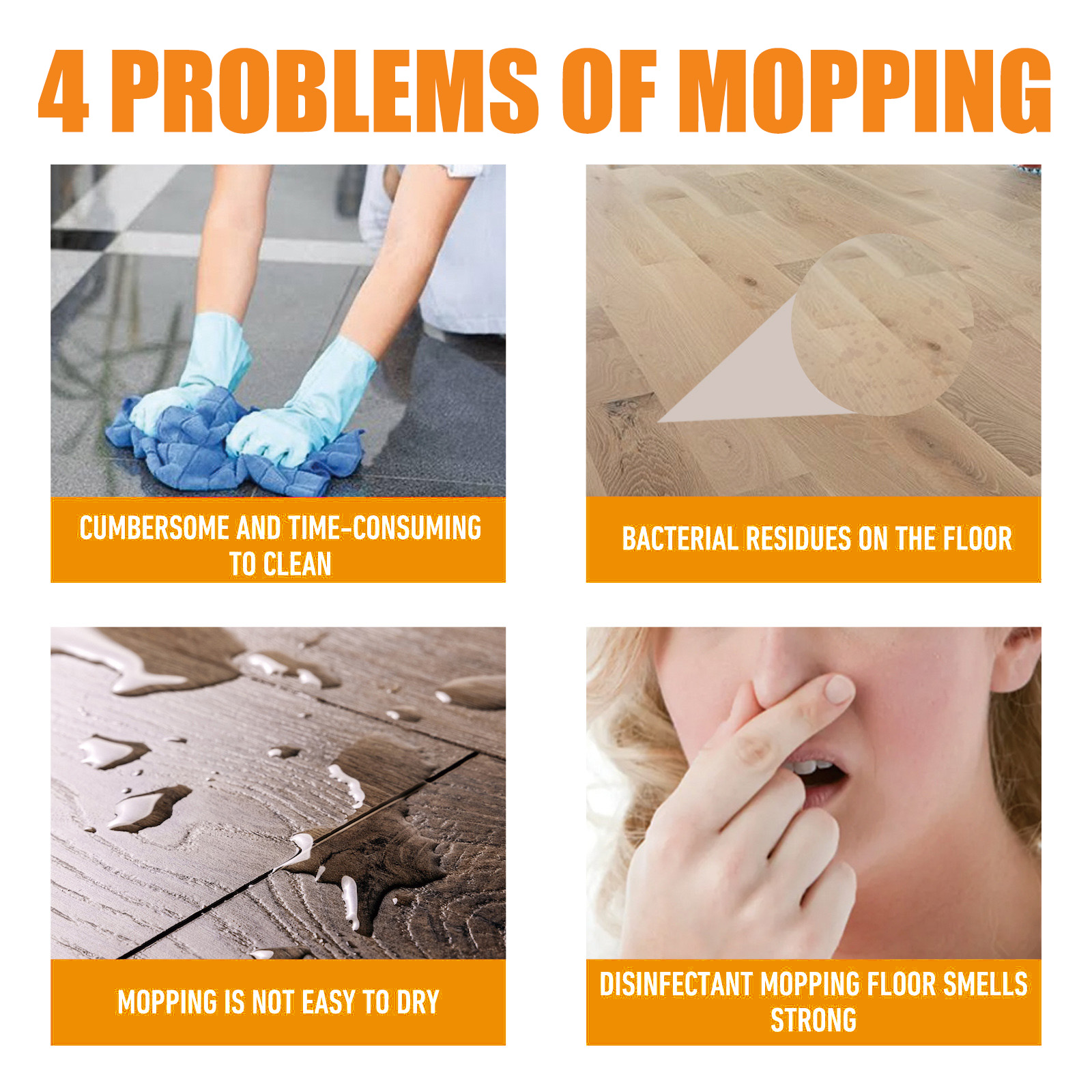 Household cleaning problems shown in a four-panel graphic