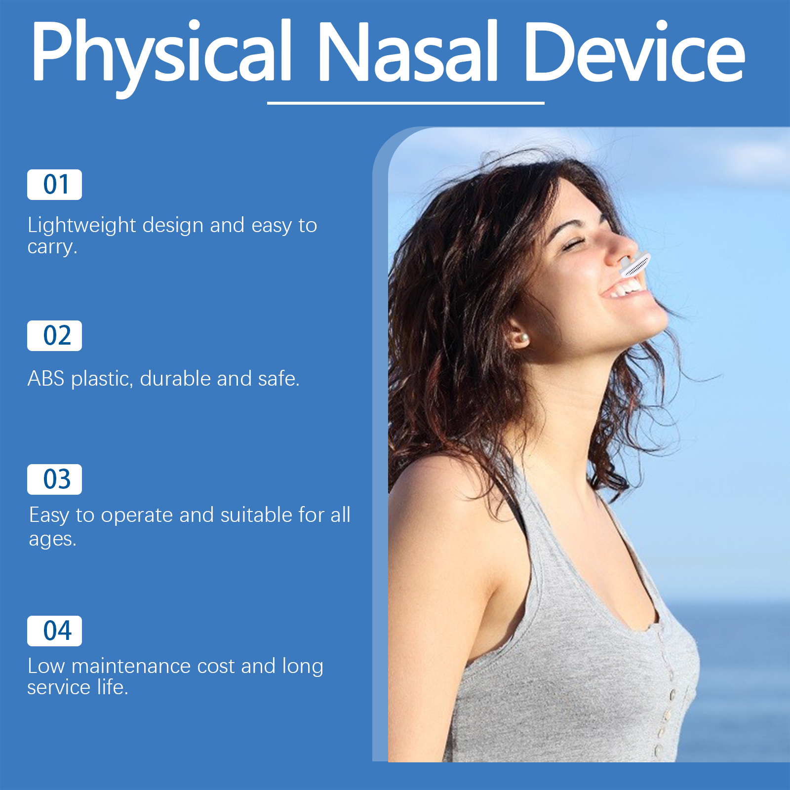 Woman wearing compact nasal device outdoors