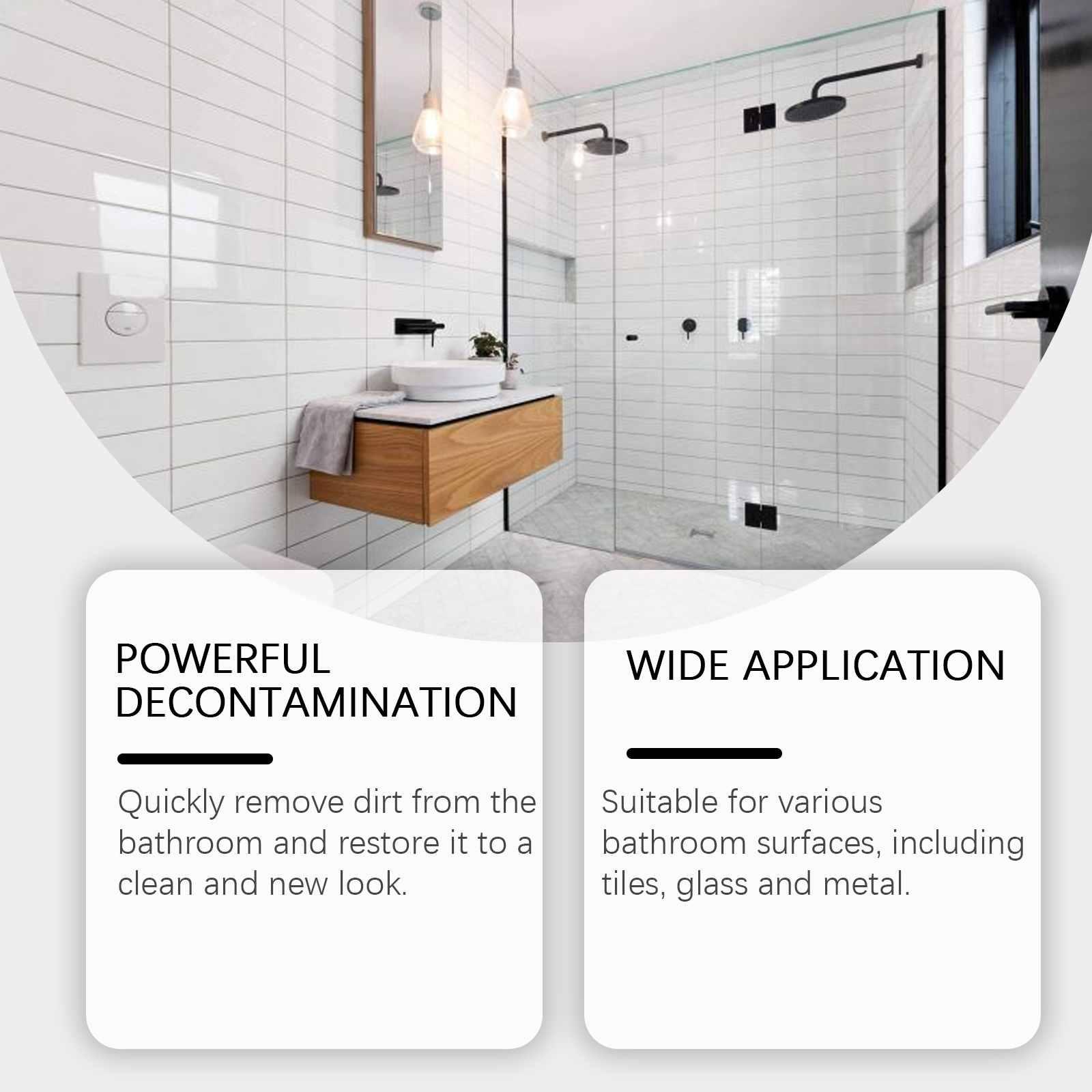 Bathroom cleaner shown with bright tile and glass surfaces
