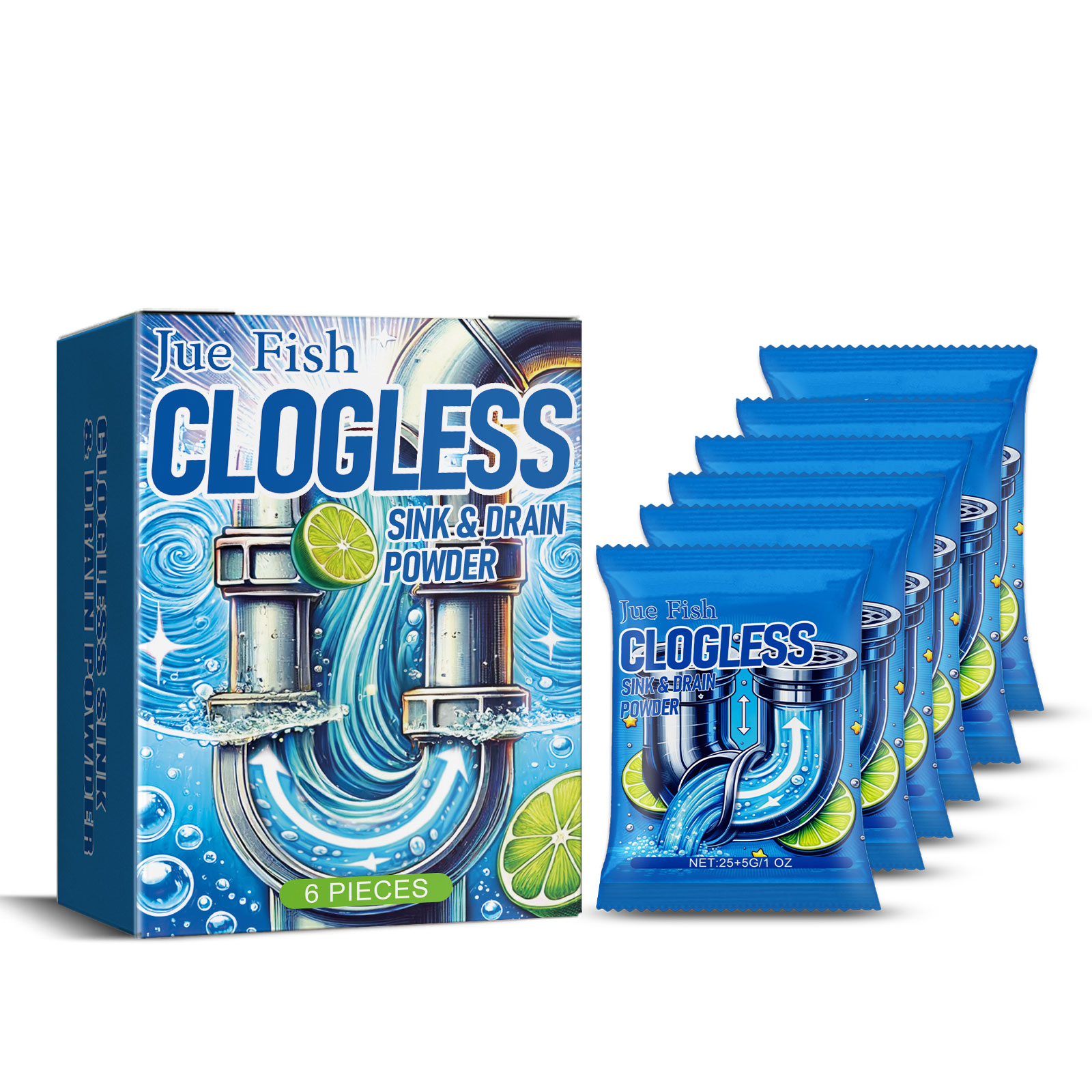 Drain cleaner carton showing sink and pipe applications