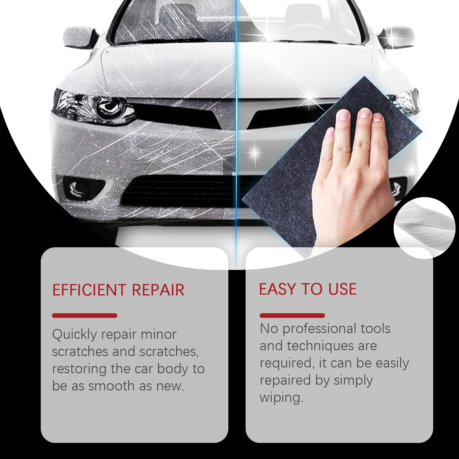 Hand applying scratch remover cloth to white car