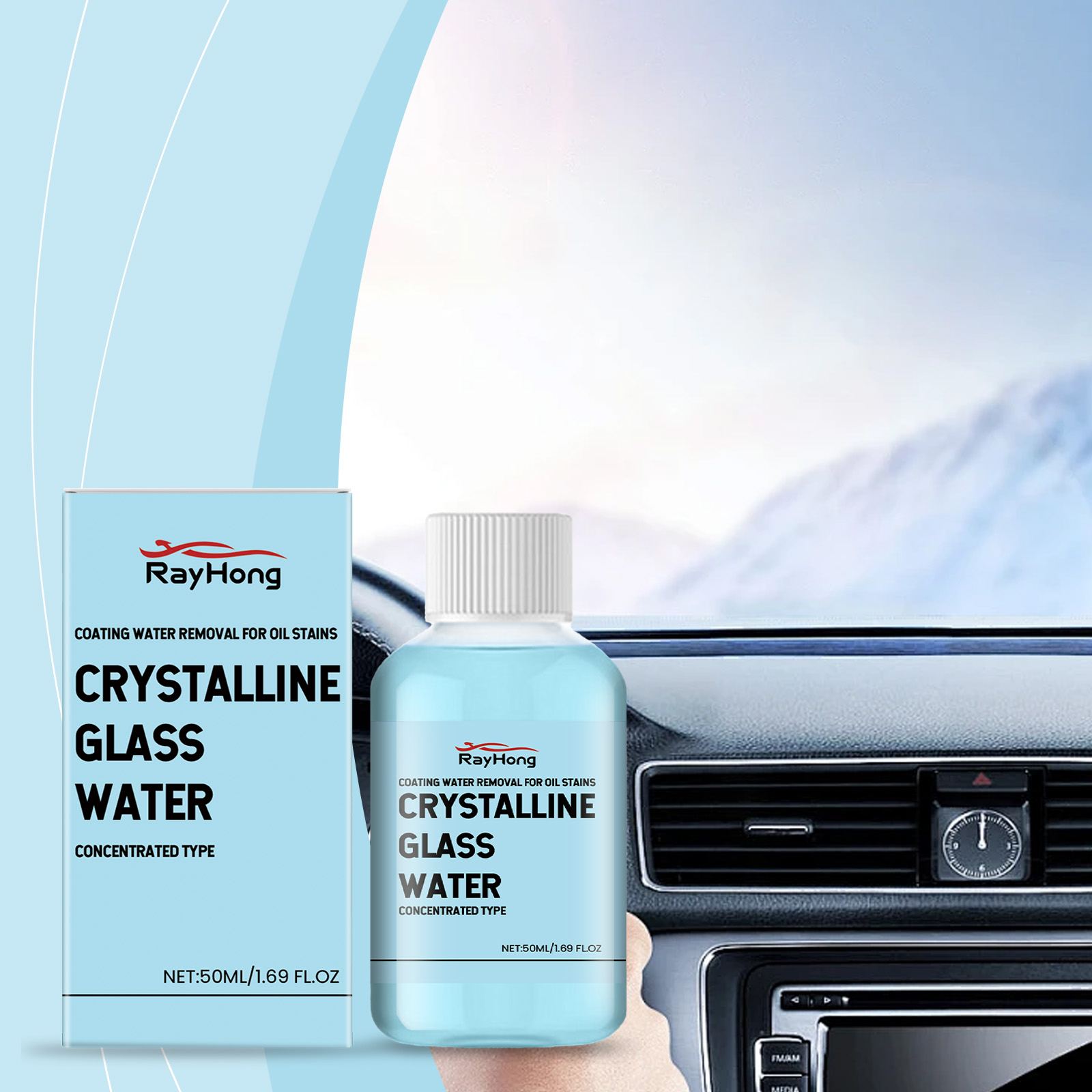 RayHong glass cleaner beside car dashboard and windshield
