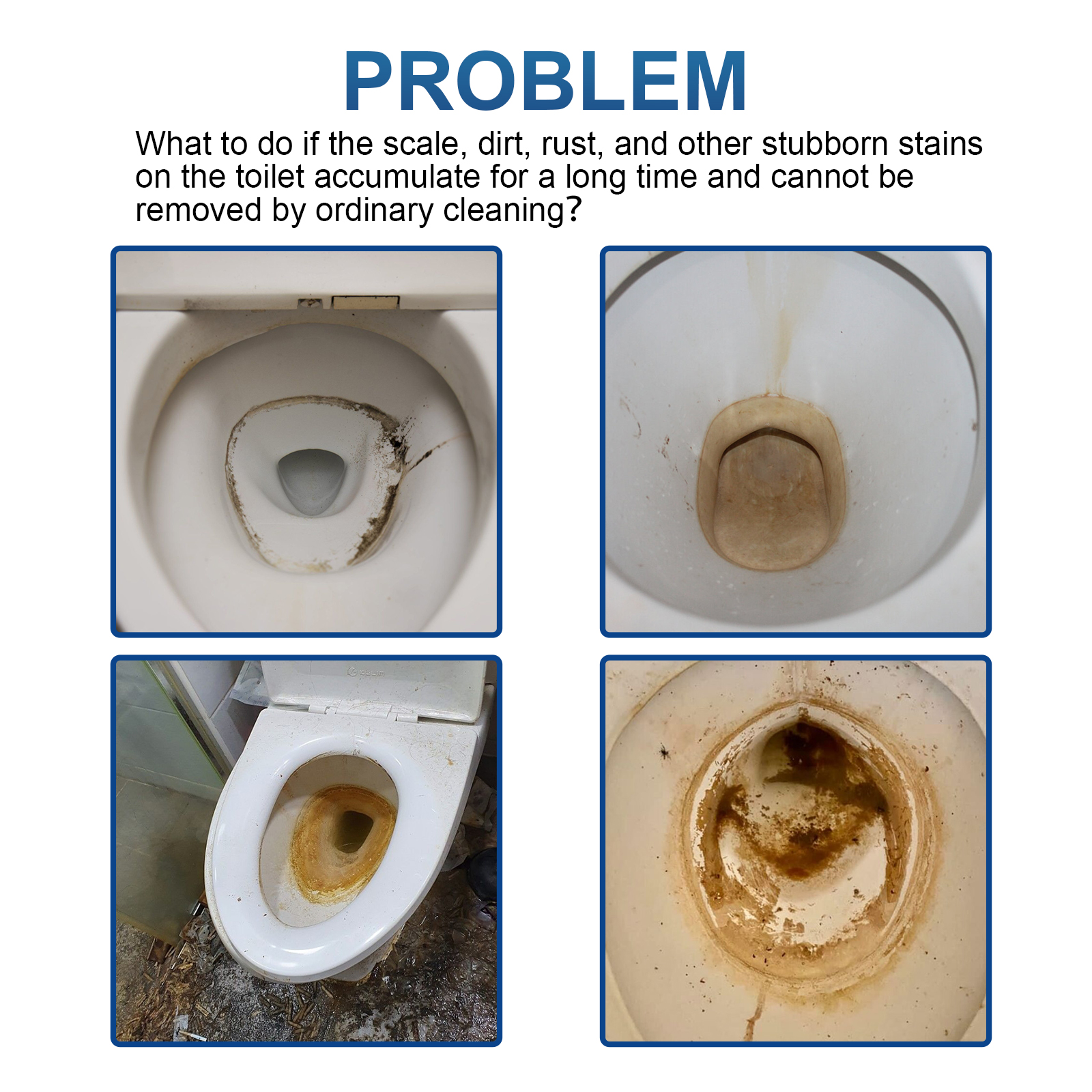 Close-up of stained toilet bowls with mineral buildup