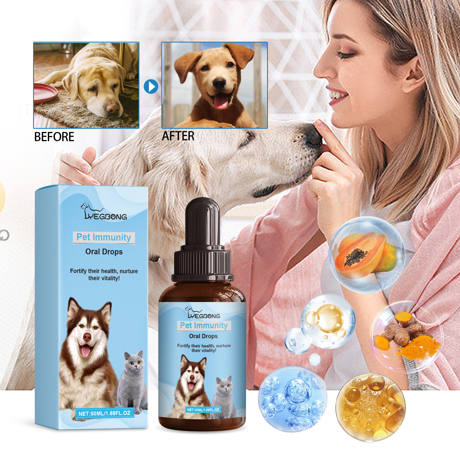 Pet owner using oral drops during daily care