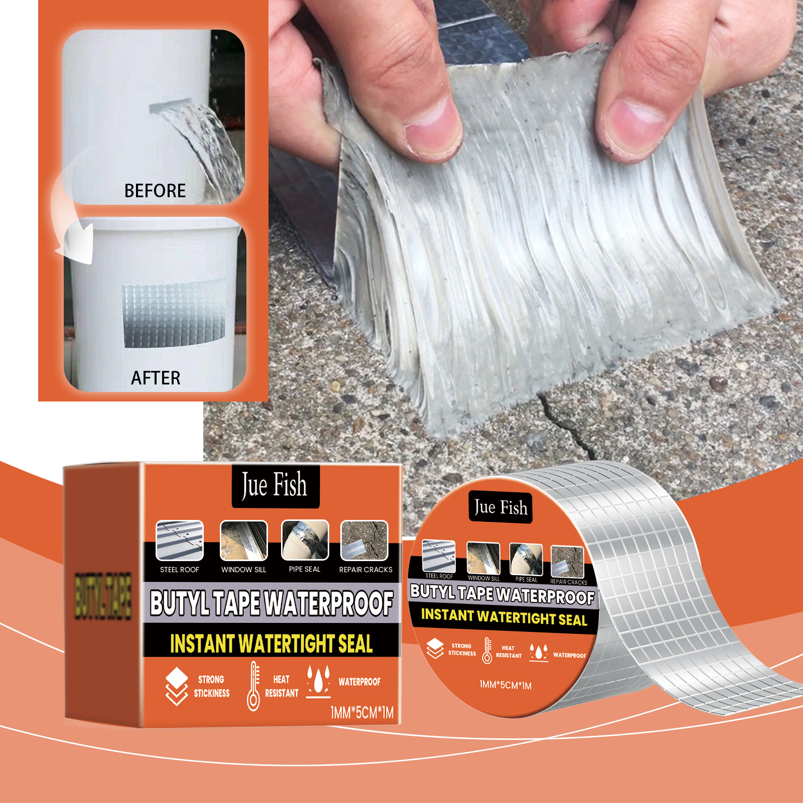 Butyl tape stretched over a rough cracked concrete surface