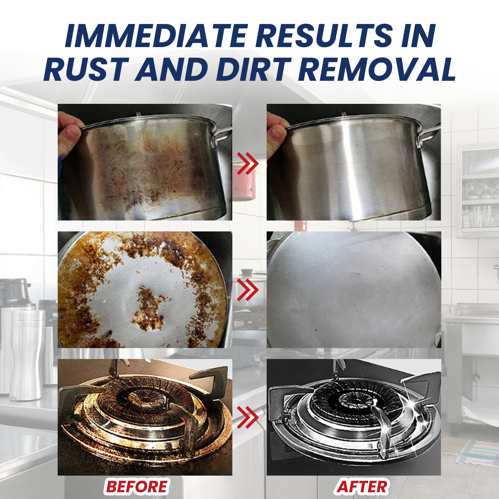 Rusty pots and brighter stainless steel after cleaning