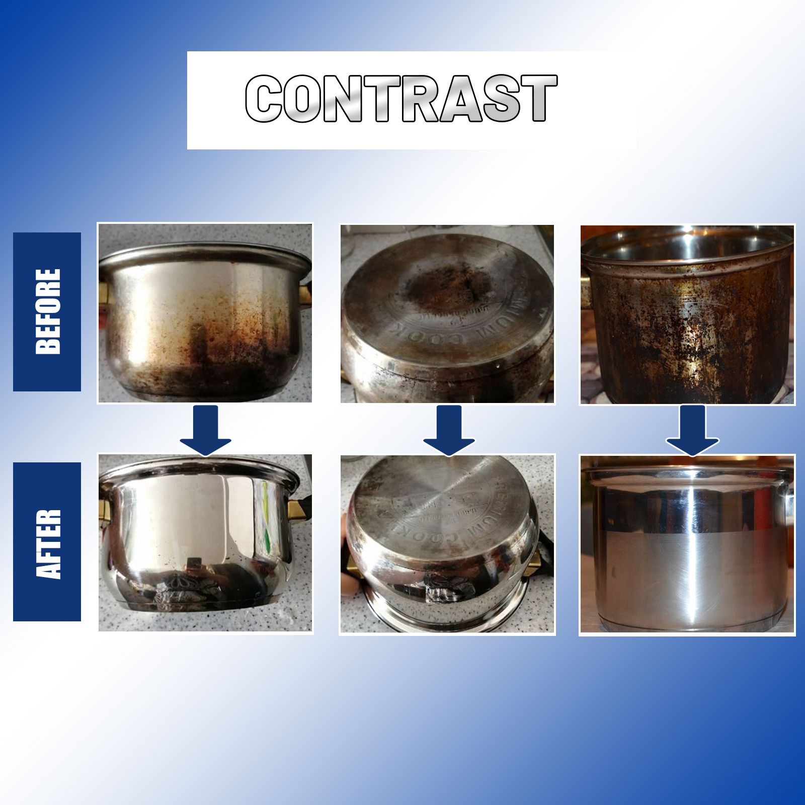 Before and after stainless cookware restoration