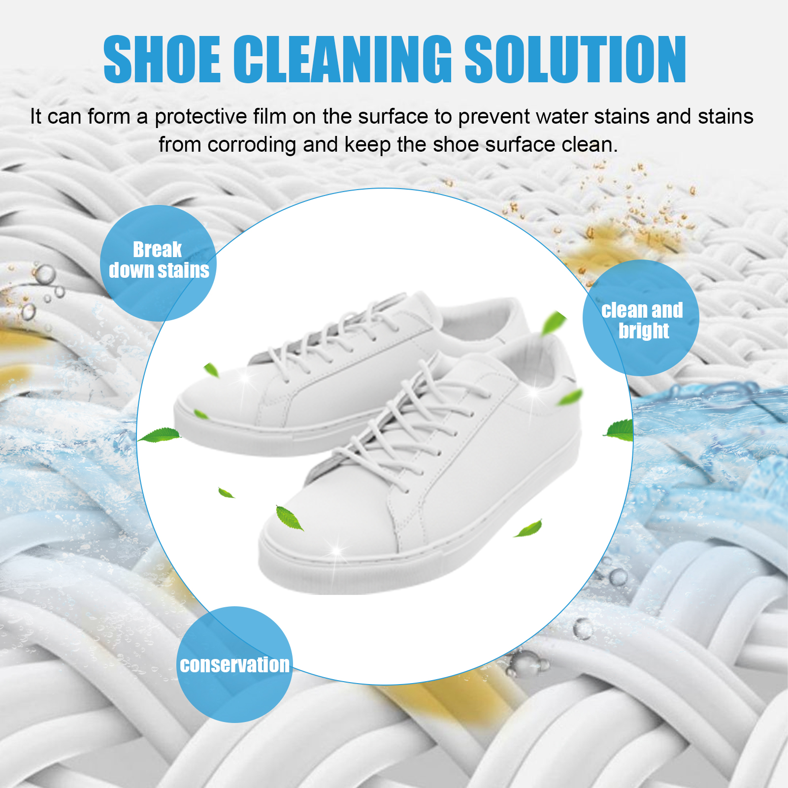 White sneakers surrounded by foam and water droplets