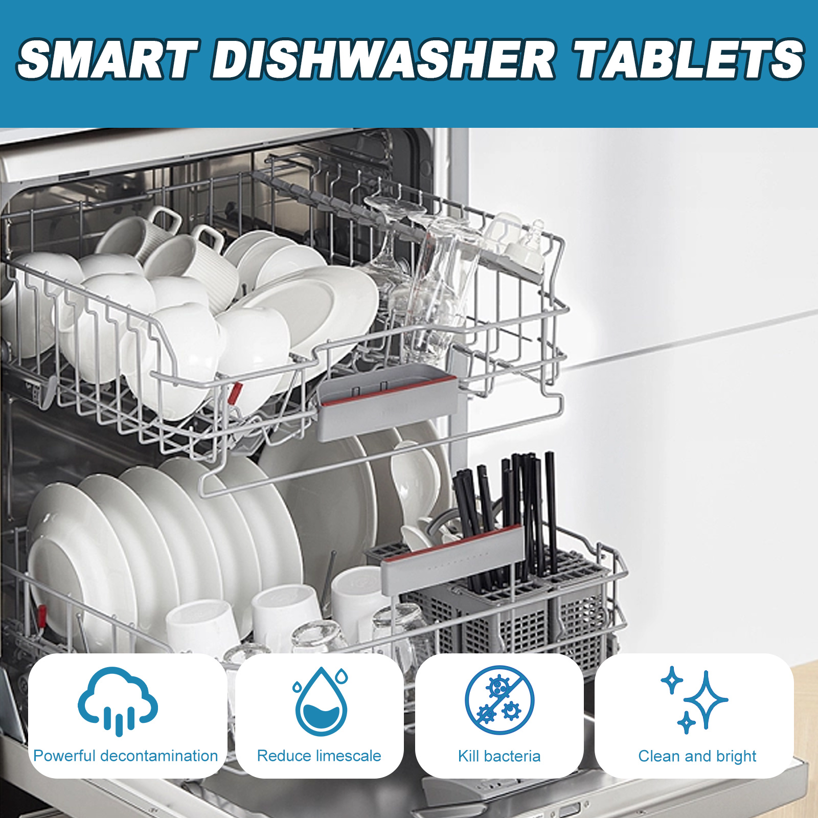 Loaded dishwasher interior with benefit icons for decontamination, limescale reduction, bacteria kill, and bright finish